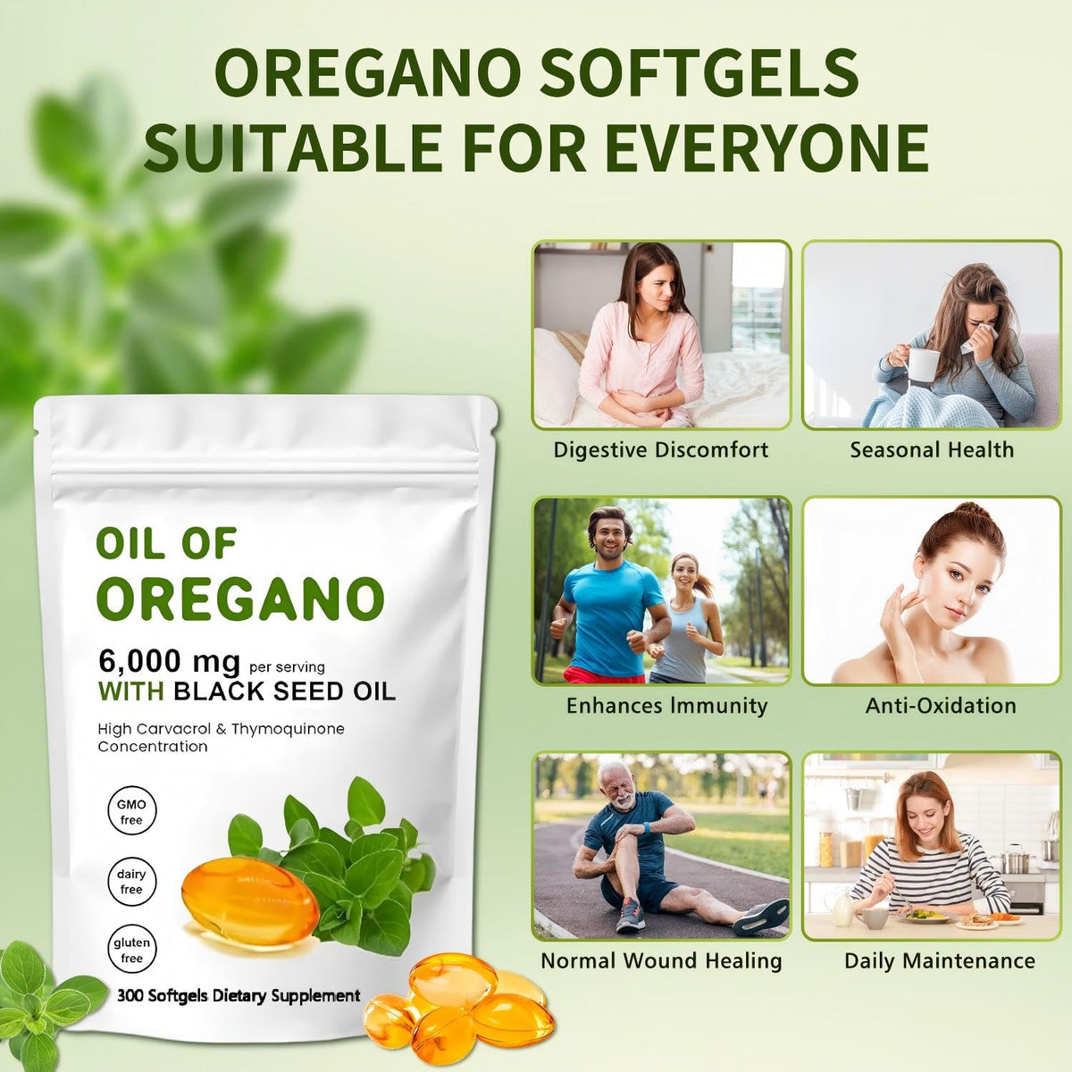 J-PRQ Oil of Oregano Softgels – 300 Count, Organic Oregano Oil + Black Seed Oil (Non-GMO)