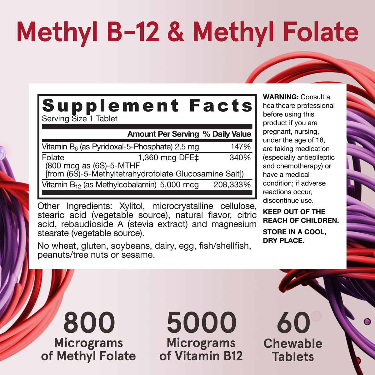 Jarrow Formulas Ultra Strength Methyl B-12 5000 mcg & Methyl Folate 800 mcg + P-5-P – 60 علكة (إمداد 60 يومًا)