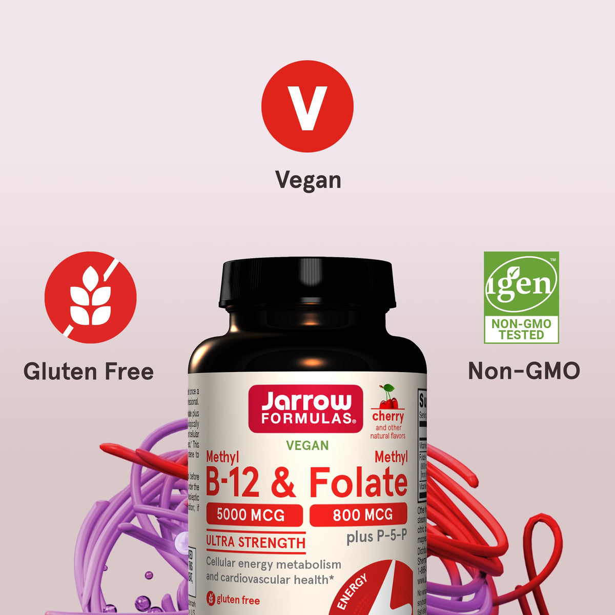 Jarrow Formulas Ultra Strength Methyl B-12 5000 mcg & Methyl Folate 800 mcg + P-5-P – 60 علكة (إمداد 60 يومًا)