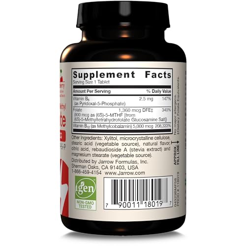 Jarrow Formulas Ultra Strength Methyl B-12 5000 mcg & Methyl Folate 800 mcg + P-5-P – 60 Chewables (60-Day Supply)