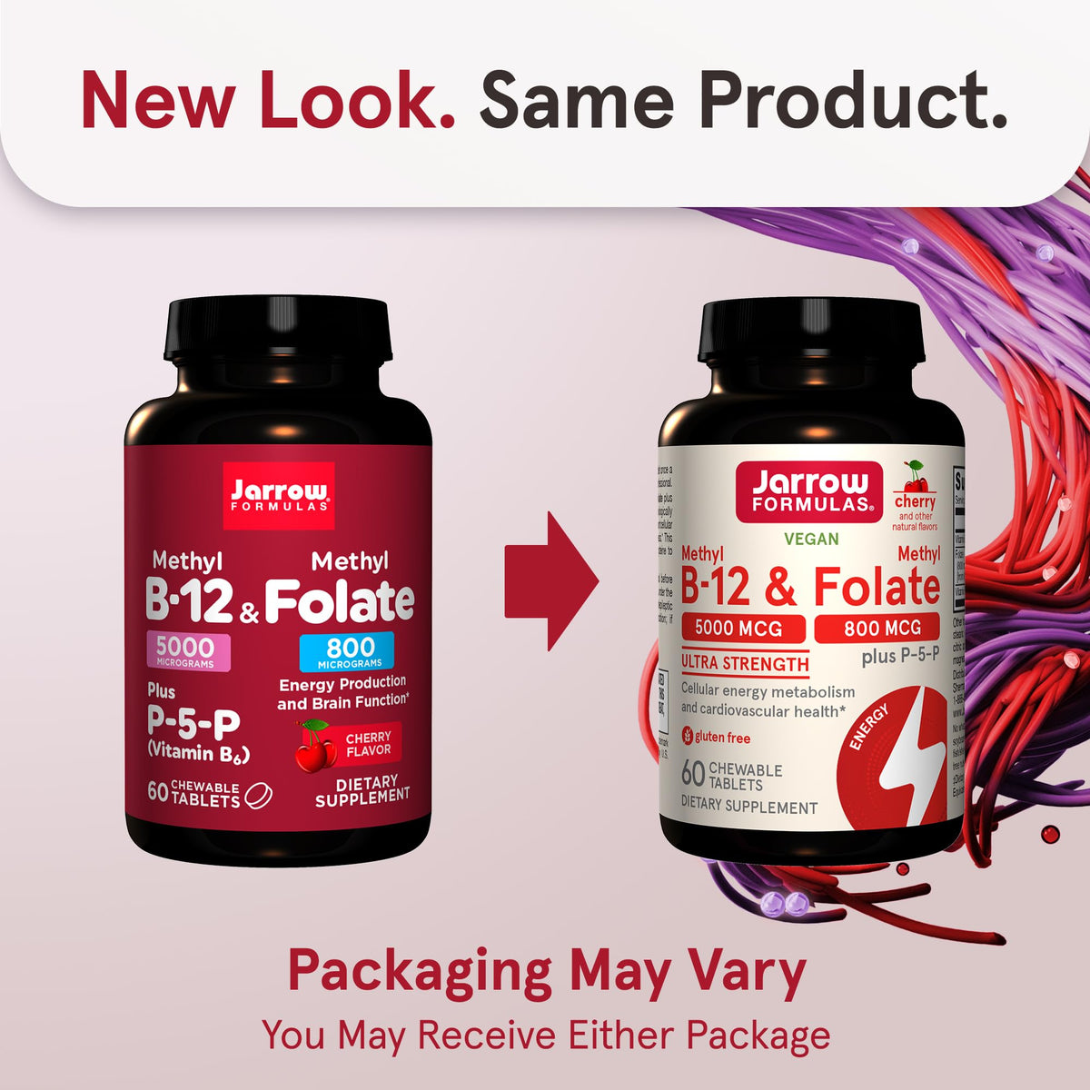 Jarrow Formulas Ultra Strength Methyl B-12 5000 mcg & Methyl Folate 800 mcg + P-5-P – 60 علكة (إمداد 60 يومًا)