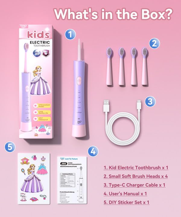JTF Kids Electric Toothbrush Pink β Sonic Toothbrush for Girls, 5 Modes, IPX7, 2-Min Timer, DIY Sticker Set