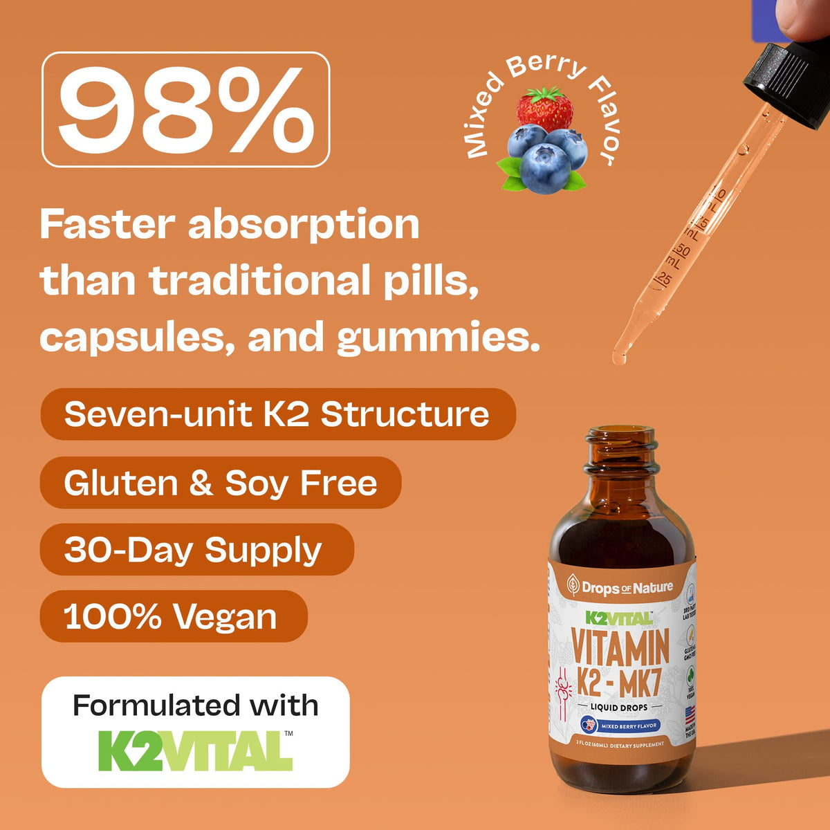 Vitamin K2 MK7 Liquid β 100 mcg, Vegan & Non-GMO, 60ml Berry Flavor | Bone & Cardiovascular Support