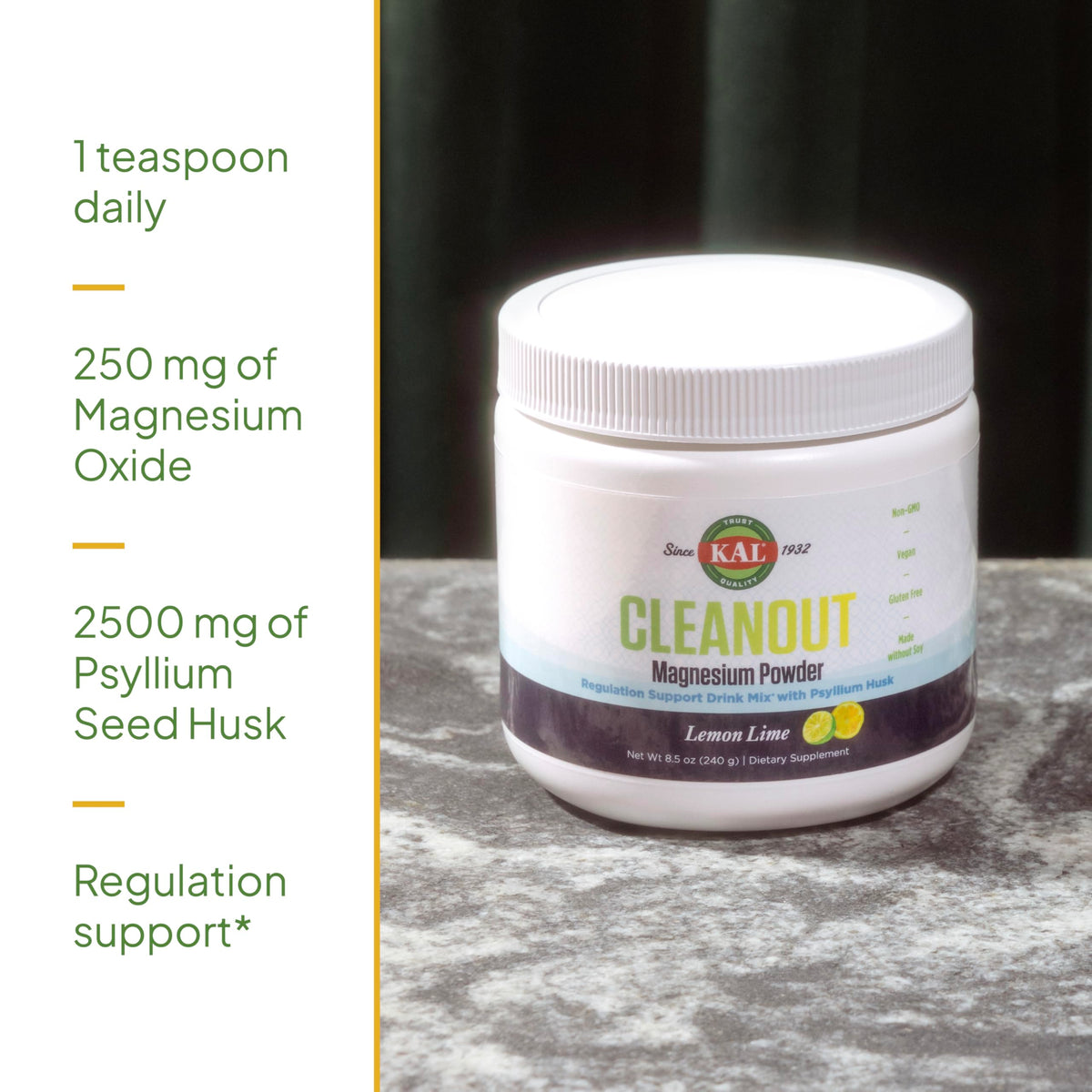 KAL Cleanout Magnesium Plus Psyllium Husk Powder – Lemon Lime | 40 Servings, 8.5 oz
