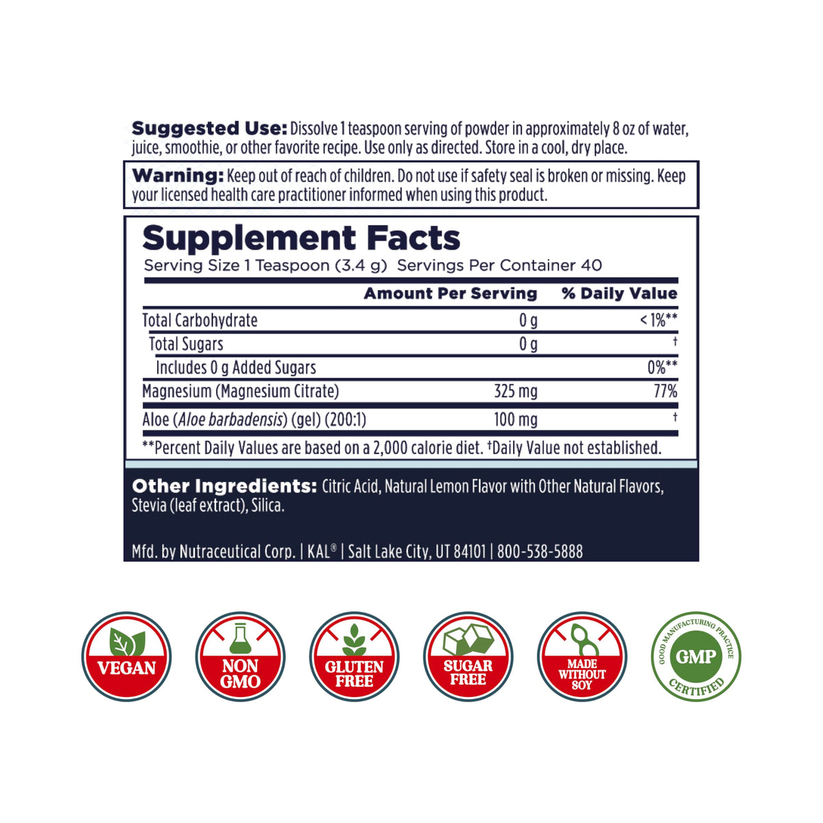 مسحوق KAL Gut Magnesium Plus Aloe Vera – مزيج مشروب بالليمون | بدون سكر | ضمان لمدة 60 يومًا | 40 حصة