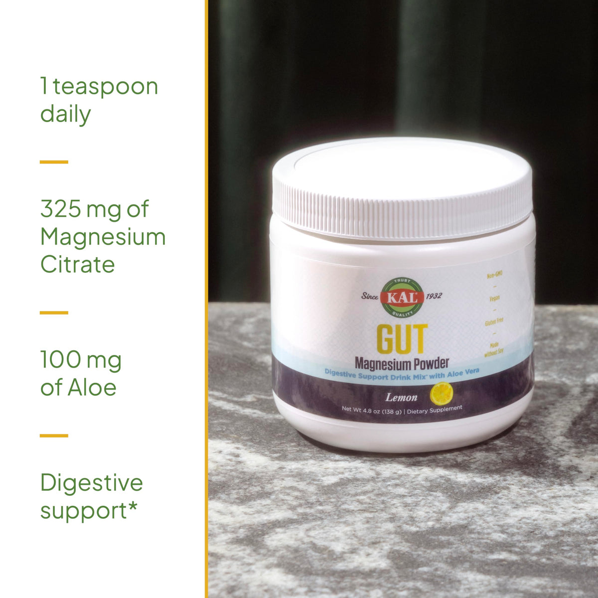 مسحوق KAL Gut Magnesium Plus Aloe Vera – مزيج مشروب بالليمون | بدون سكر | ضمان لمدة 60 يومًا | 40 حصة