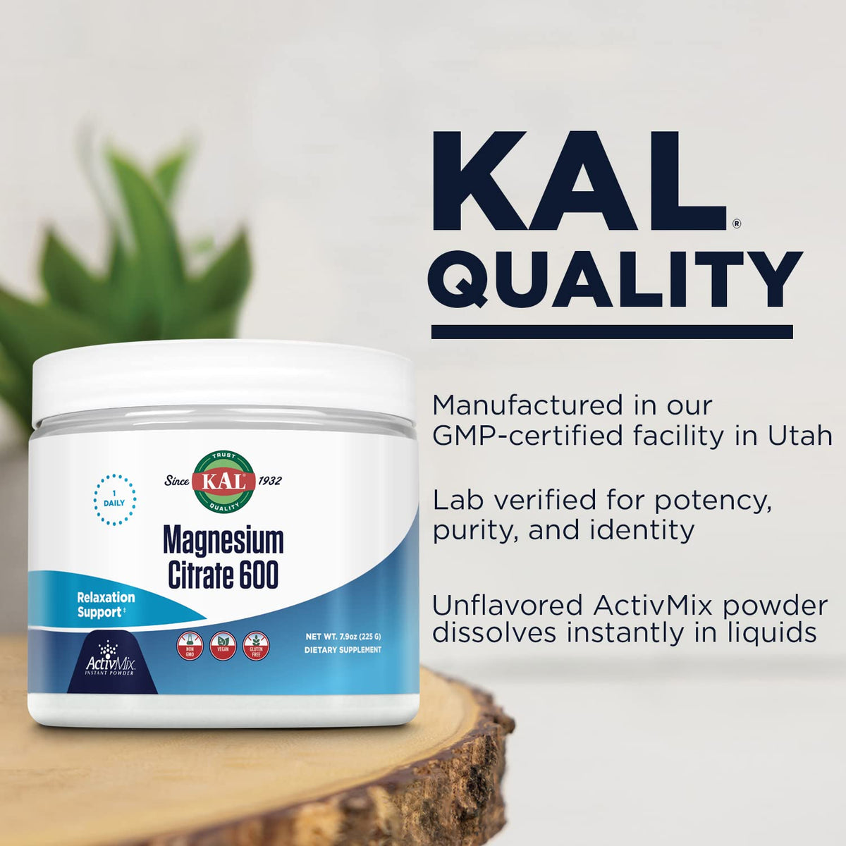 KAL Magnesium Citrate 600 mg ActivMix Instant Powder – Muscle Function, Relaxation, Vegan & Gluten Free