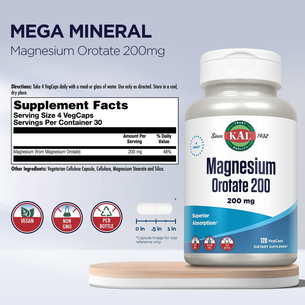 KAL Magnesium Orotate 200 mg β Superior Absorption Chelated Magnesium | Bones, Nerves & Muscles | 120 VegCaps