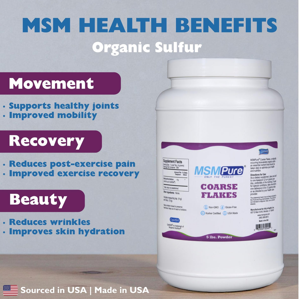 KALA HEALTH MSMPure رقائق مسحوق MSM الخشنة – MSM أمريكية الصنع للمفاصل والبشرة والشعر والأظافر – 5 رطل