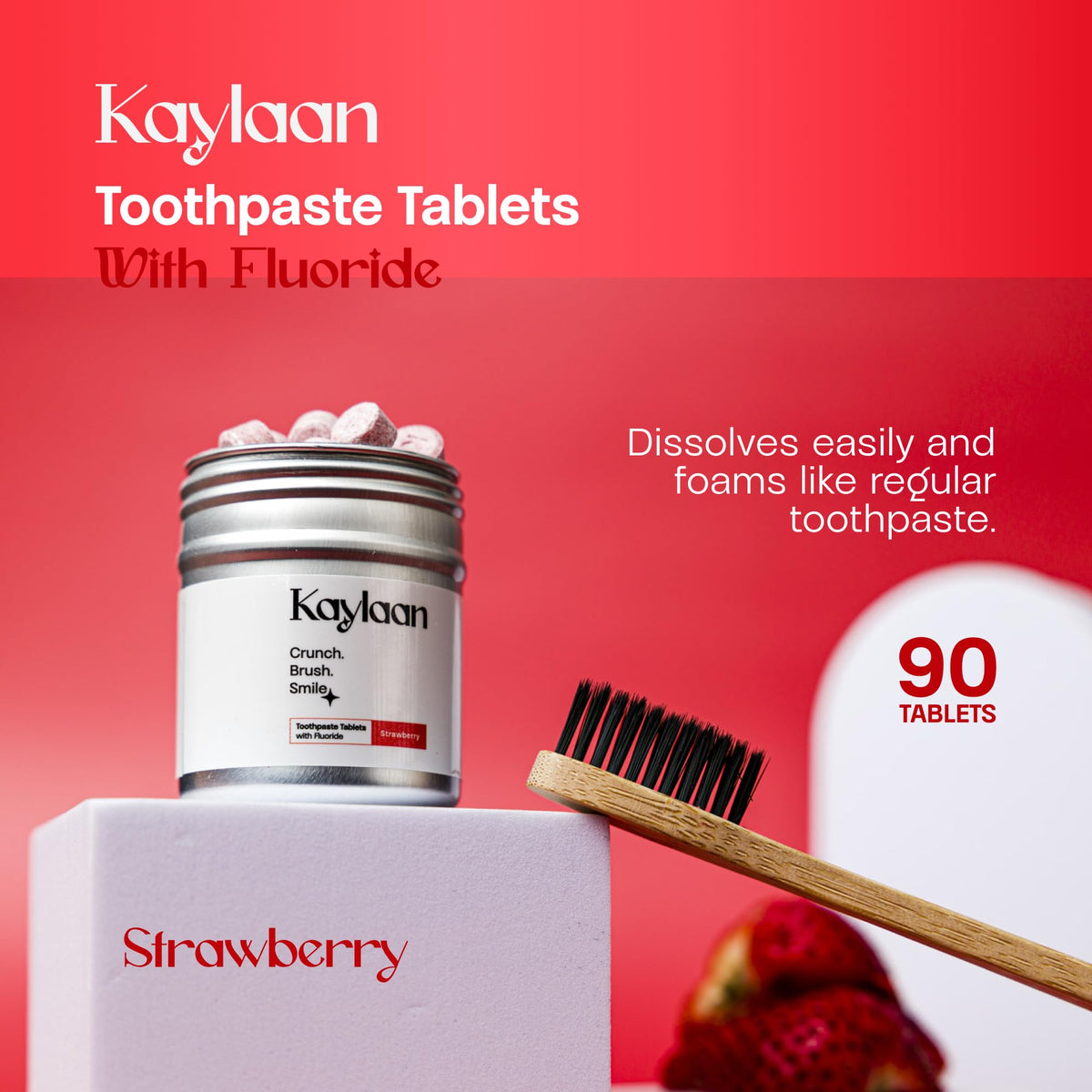 Kalyaan Kids Fluoride Toothpaste Tablets - Whitening, Cavity Protection & Sensitive Teeth Relief | Strawberry 90 Count | Made in USA