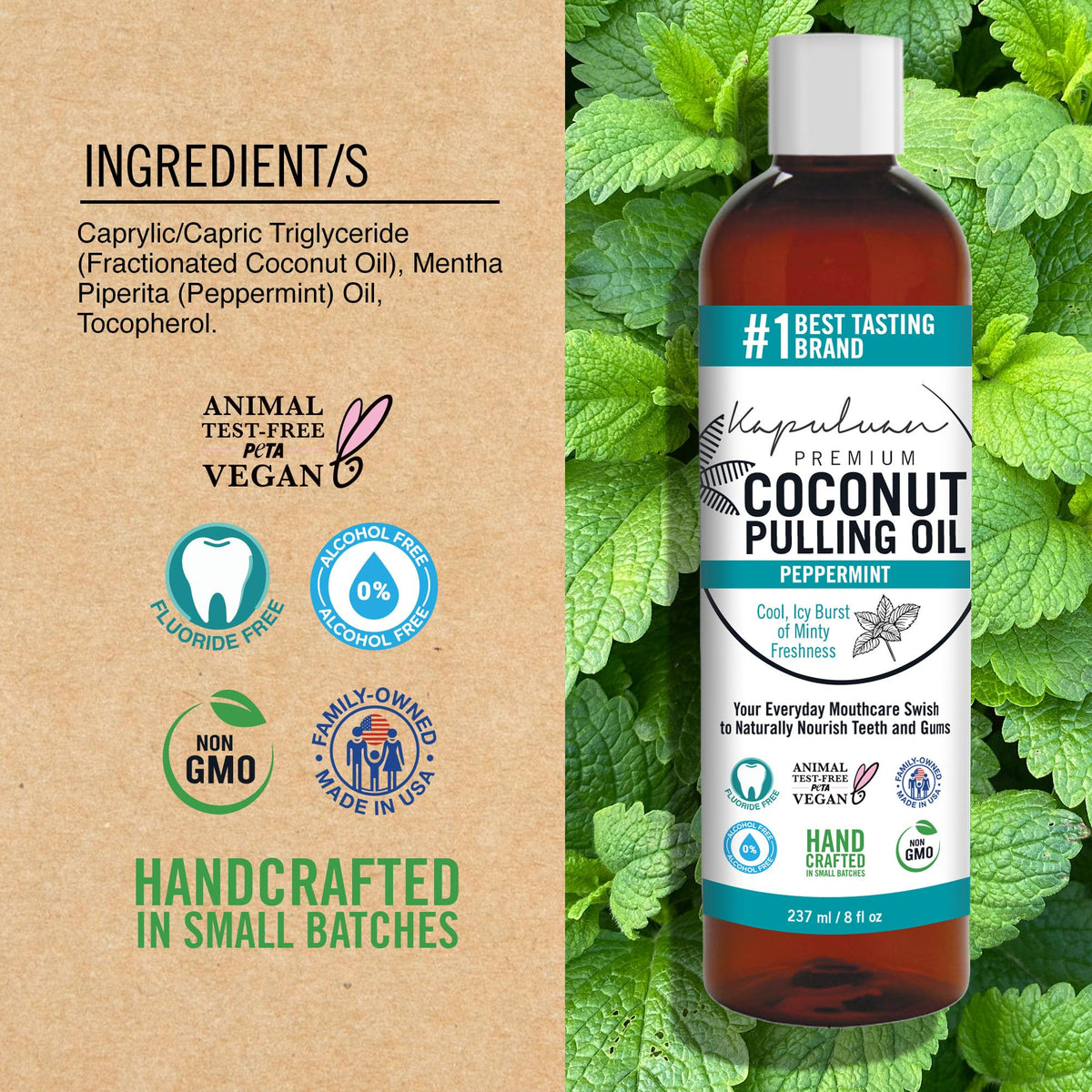 Kapuluan Coconut Oil Pulling for Teeth and Gums โ Pure Peppermint Mouthwash, 100% Natural, Non-GMO, Ayurvedic