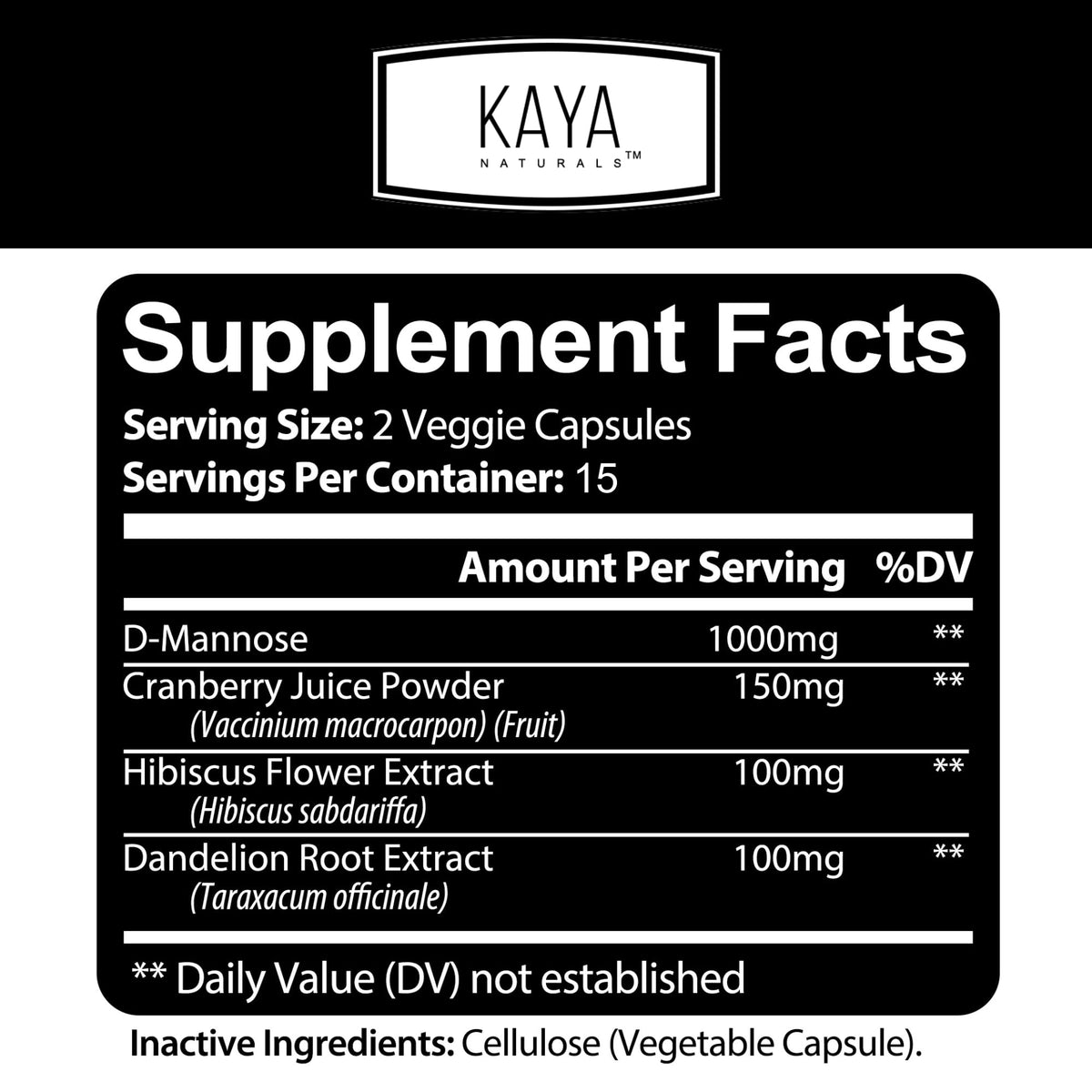 Kaya Naturals D-مانوز لدعم صحة المسالك البولية - توت بري، كركديه، وجذر الهندباء | 30 كبسولة نباتية