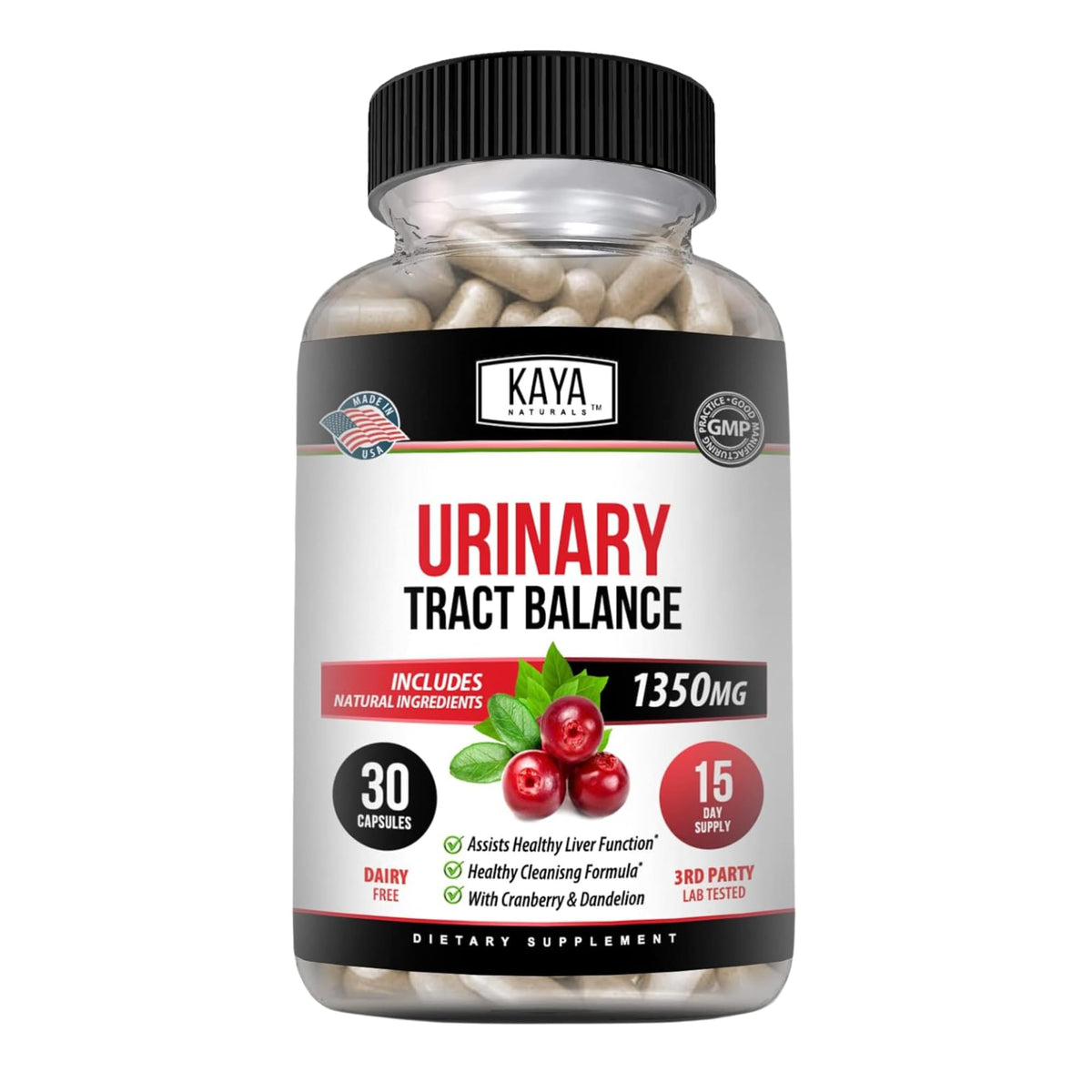Kaya Naturals D-مانوز لدعم صحة المسالك البولية - توت بري، كركديه، وجذر الهندباء | 30 كبسولة نباتية
