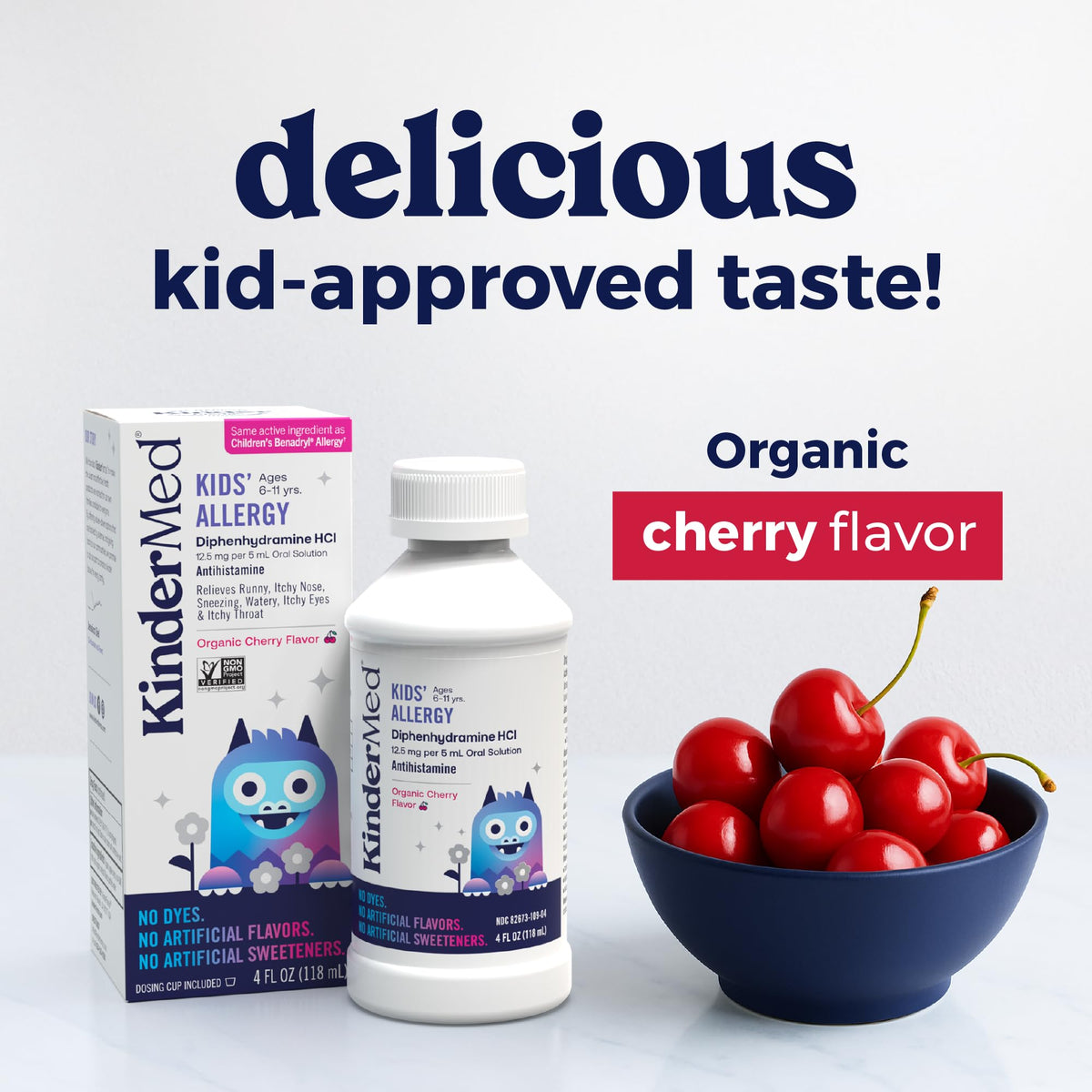 KinderMed Kids' Allergy Medicine with Diphenhydramine HCl β Organic Cherry Flavor, 4 oz (Ages 6-11)