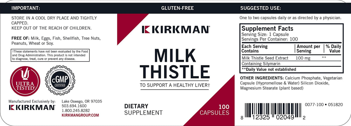 Milk Thistle 100 mg من Kirkman - لا يسبب الحساسية | 100 كبسولة نباتية