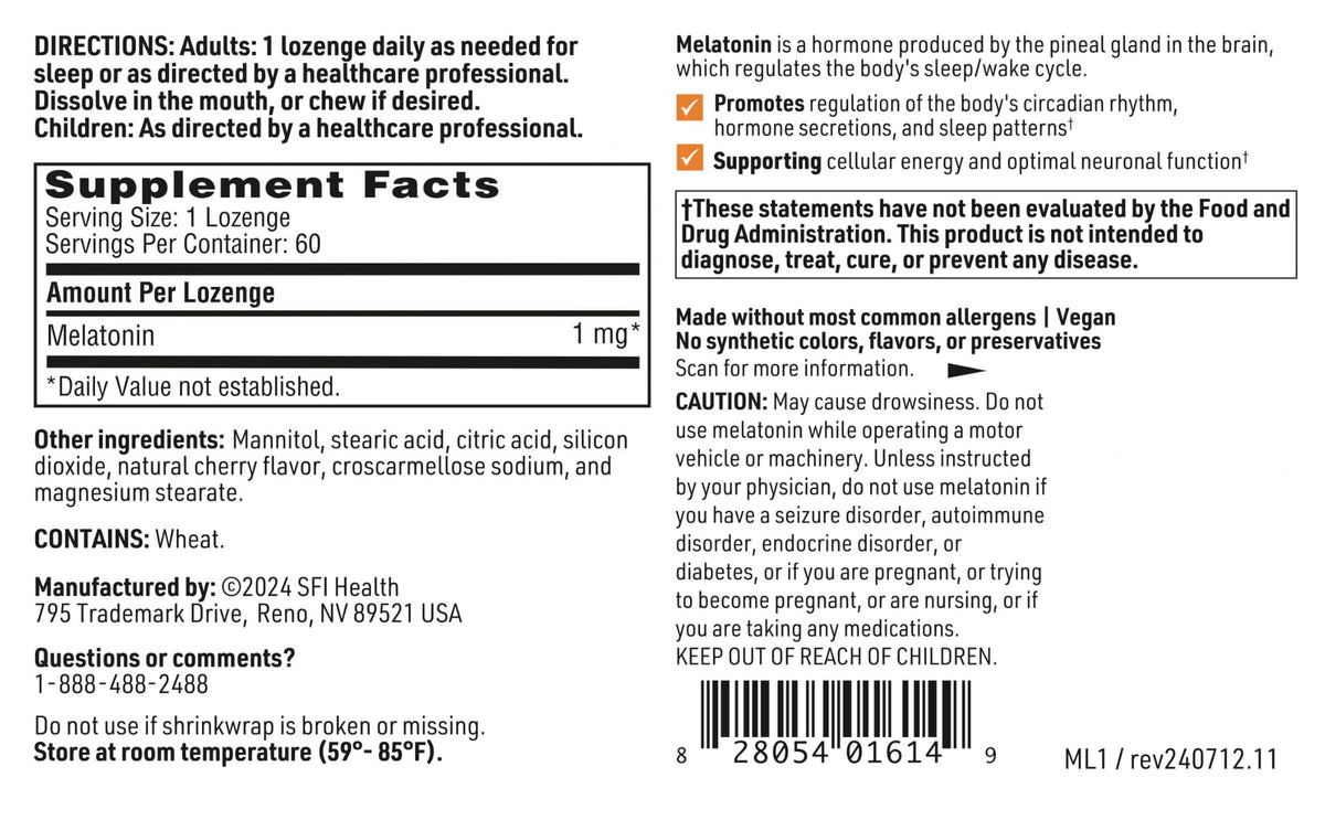 Klaire Labs SFI Health Melatonin Lozenge 1 mg – سريع الذوبان، بنكهة الكرز، 60 قرصًا