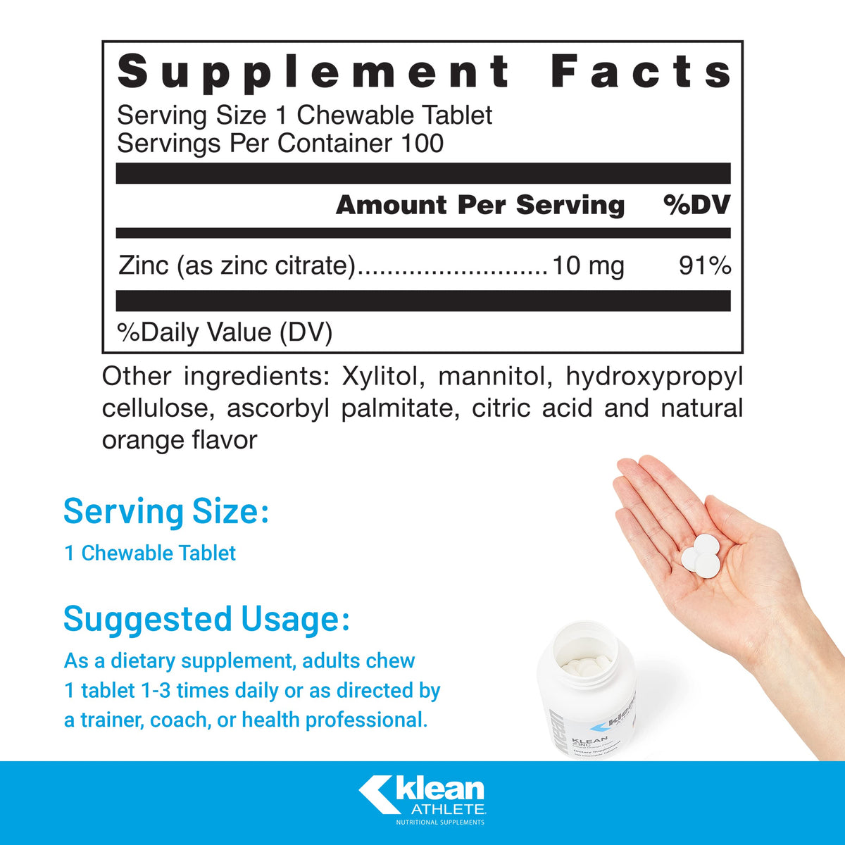 Klean ATHLETE Klean Zinc | دعم وظيفة الجهاز المناعي | حاصل على شهادة NSF من أجل الرياضة | 100 قرص للمضغ | نكهة البرتقال الطبيعية