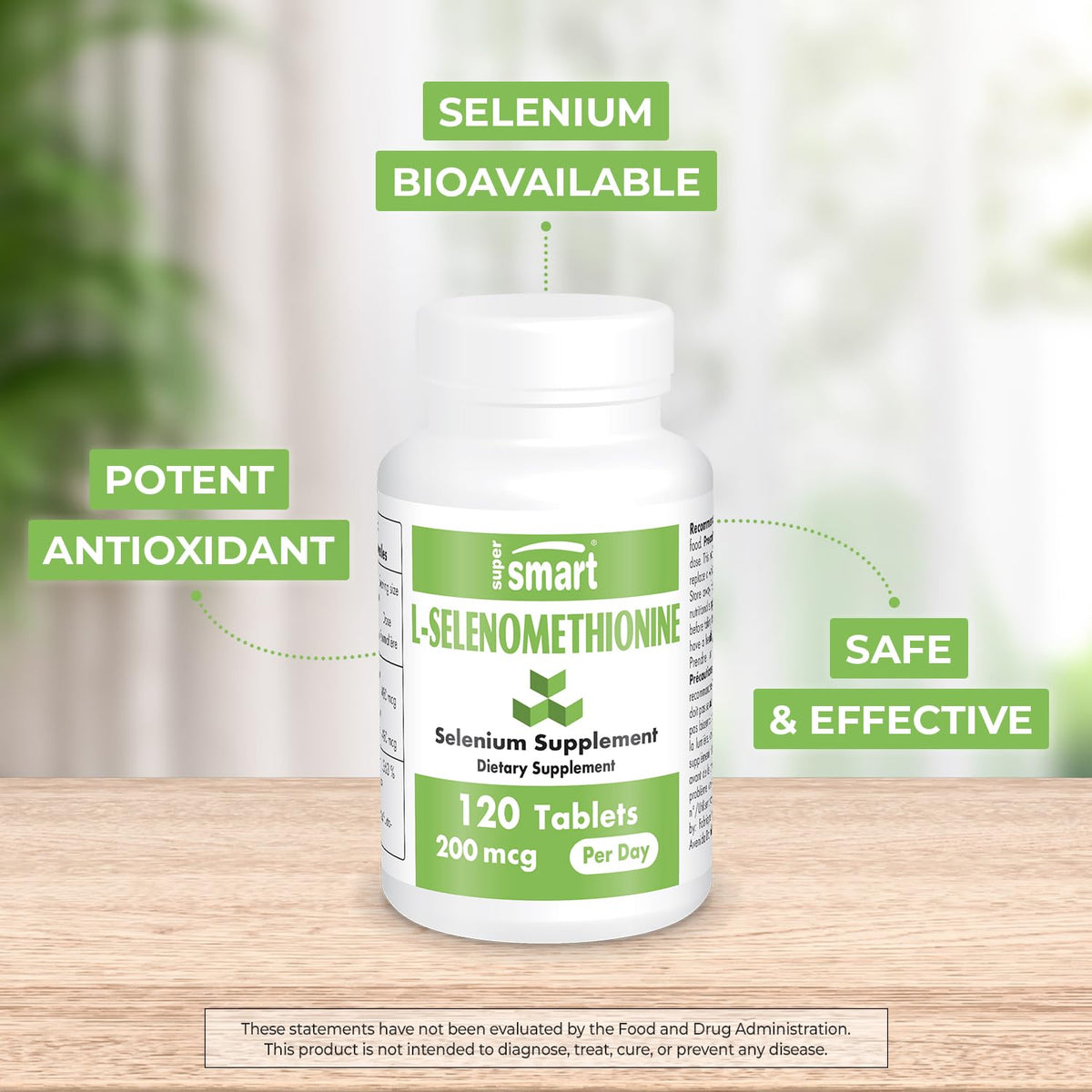 SuperSmart L-Selenomethionine 200mcg Selenium β High Absorption, Non-GMO, Gluten Free | 120 Tablets