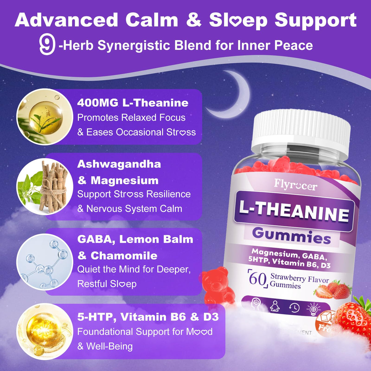 Sugar Free L-Theanine Gummies β 400mg (Ashwagandha, Magnesium, 5-HTP & GABA) β Vegan Strawberry | 60 Count