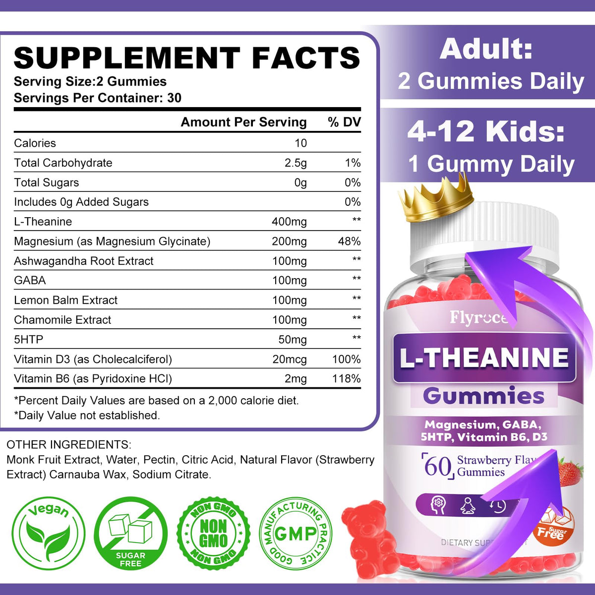Sugar Free L-Theanine Gummies β 400mg (Ashwagandha, Magnesium, 5-HTP & GABA) β Vegan Strawberry | 60 Count