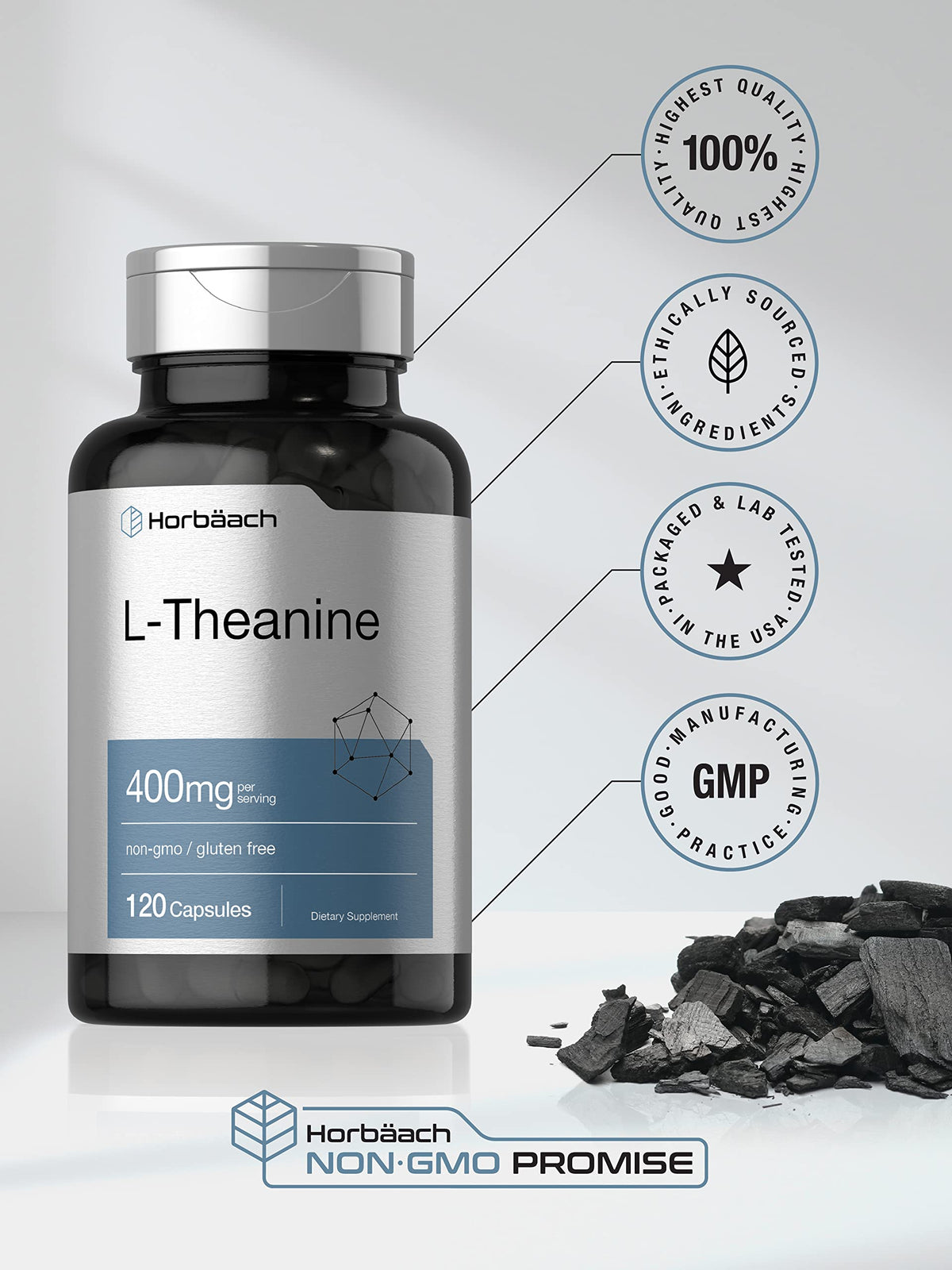 Horbäach L-Theanine Supplement | 400mg | 120 Powder Capsules | Non-GMO & Gluten Free