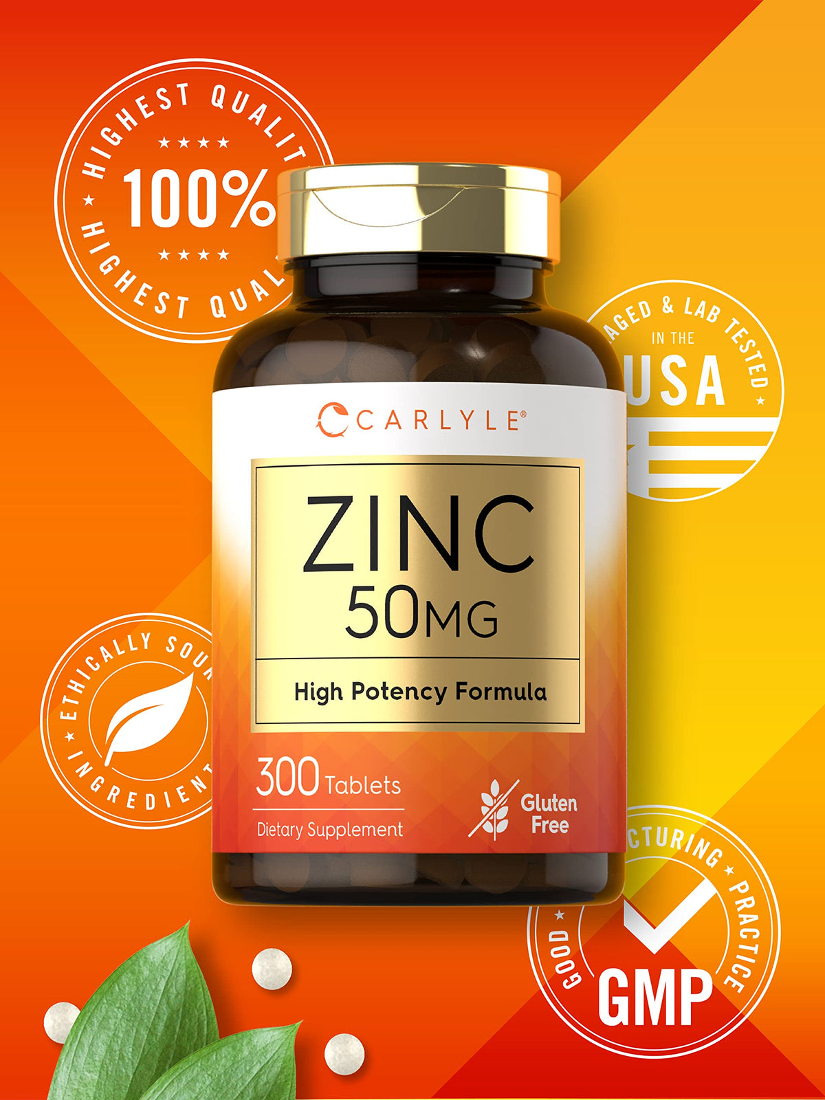 Carlyle Zinc 50mg β 300 Tablets | Vegetarian, Non-GMO, Gluten Free | Zinc Gluconate | High Potency