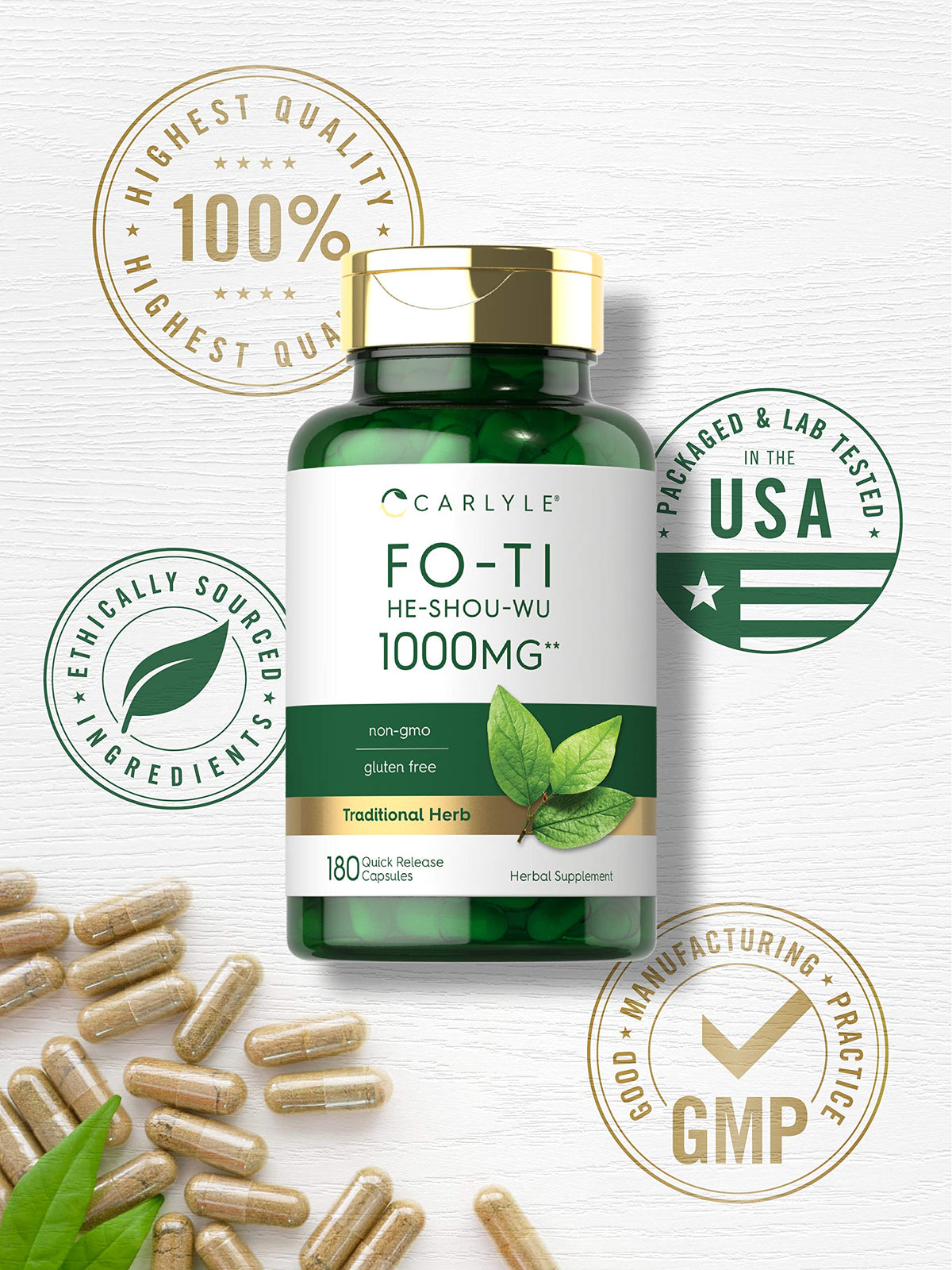 Carlyle Fo-Ti 1000mg – 180 كبسولة | جذر هي شو وو | مكمل عشبي تقليدي | غير معدل وراثيًا وخالي من الغلوتين