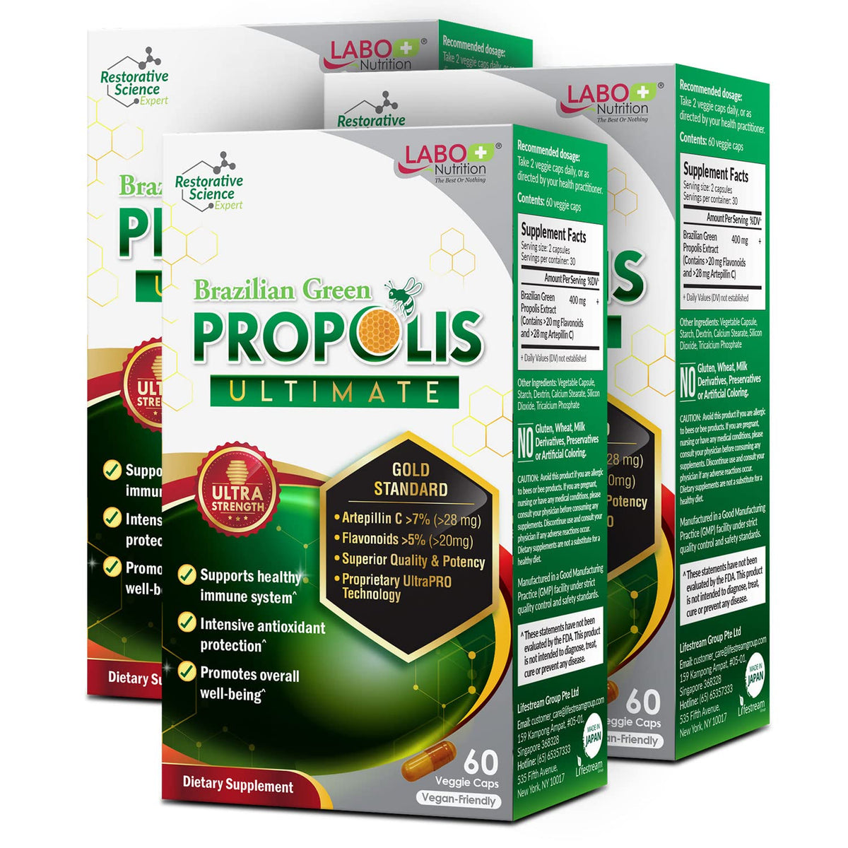 LABO Nutrition Brazilian Green Propolis Ultimate β 28 mg Artepillin C, 20 mg Flavonoids, 60 Veg Caps (three-pack)