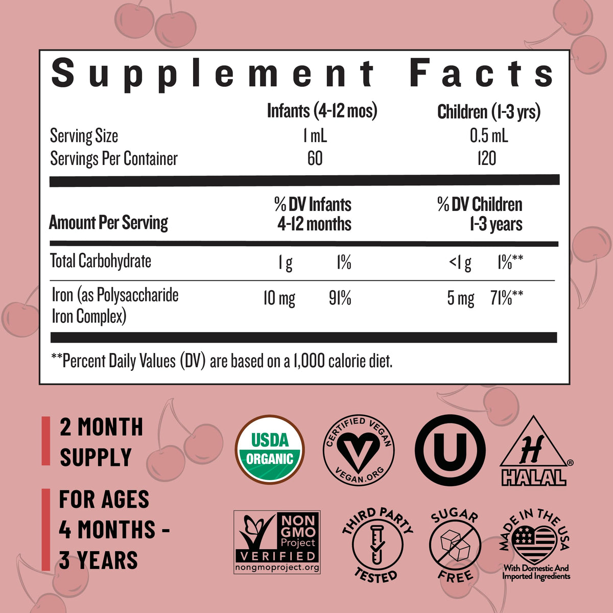 Legendairy Milk Organic Liquid Iron for Kids β Sugar Free Cherry, 60 Servings (Ages 4 Months to 3 Years)