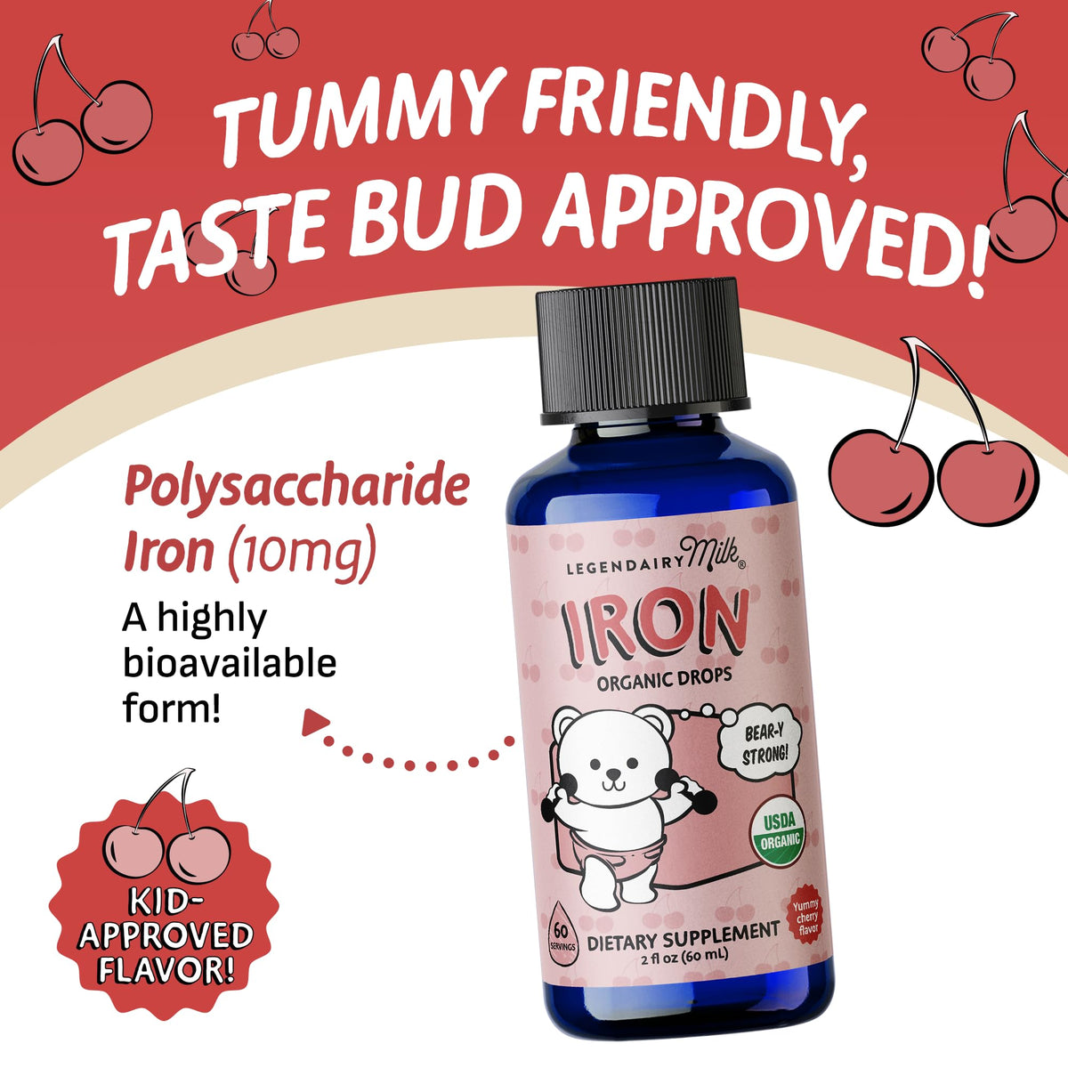 Legendairy Milk Organic Liquid Iron for Kids β Sugar Free Cherry, 60 Servings (Ages 4 Months to 3 Years)