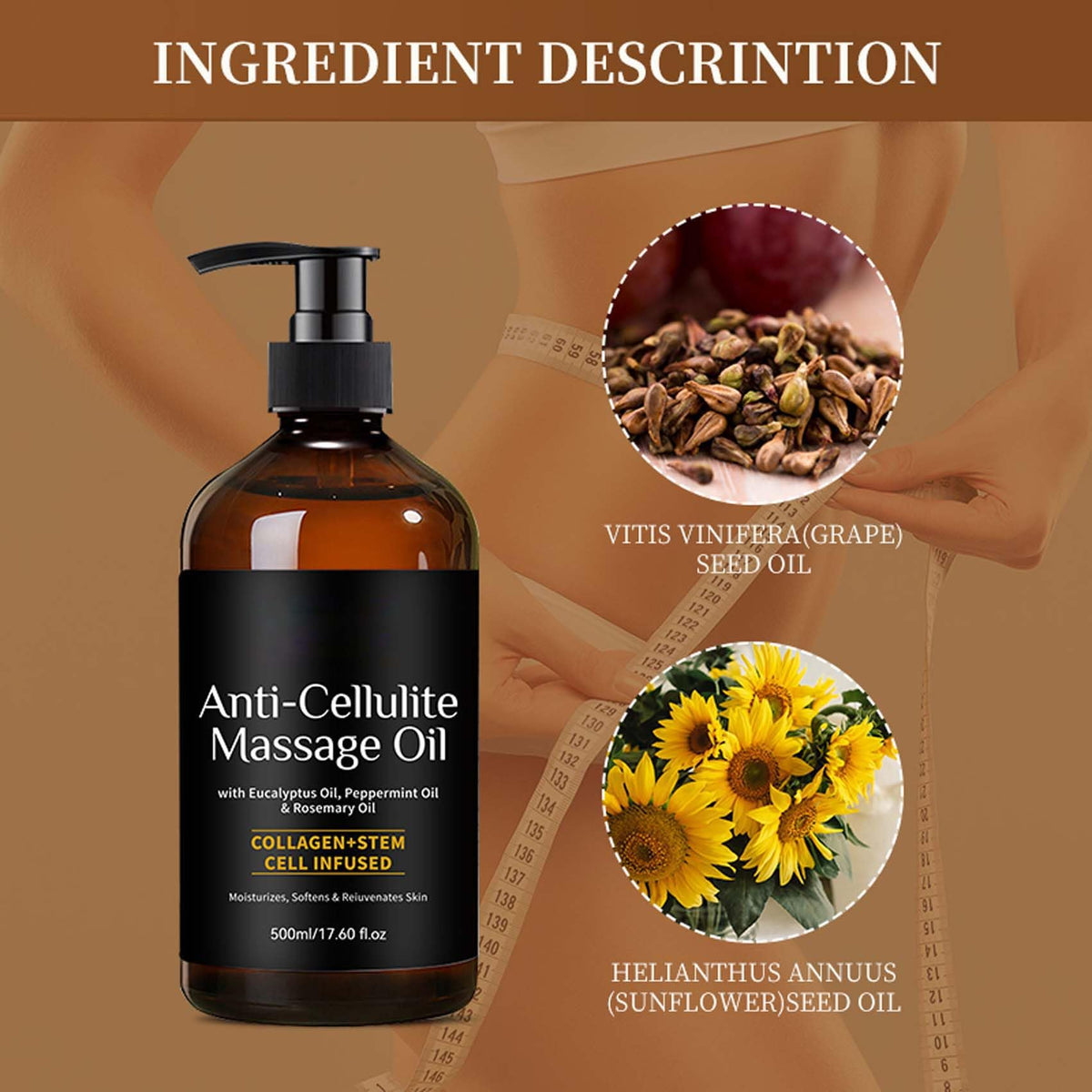 LEHOYIANG Anti-Cellulite Massage Oil β 17.6oz, 100% Pure Essential Oil for Diffusers, Skin & Aromatherapy
