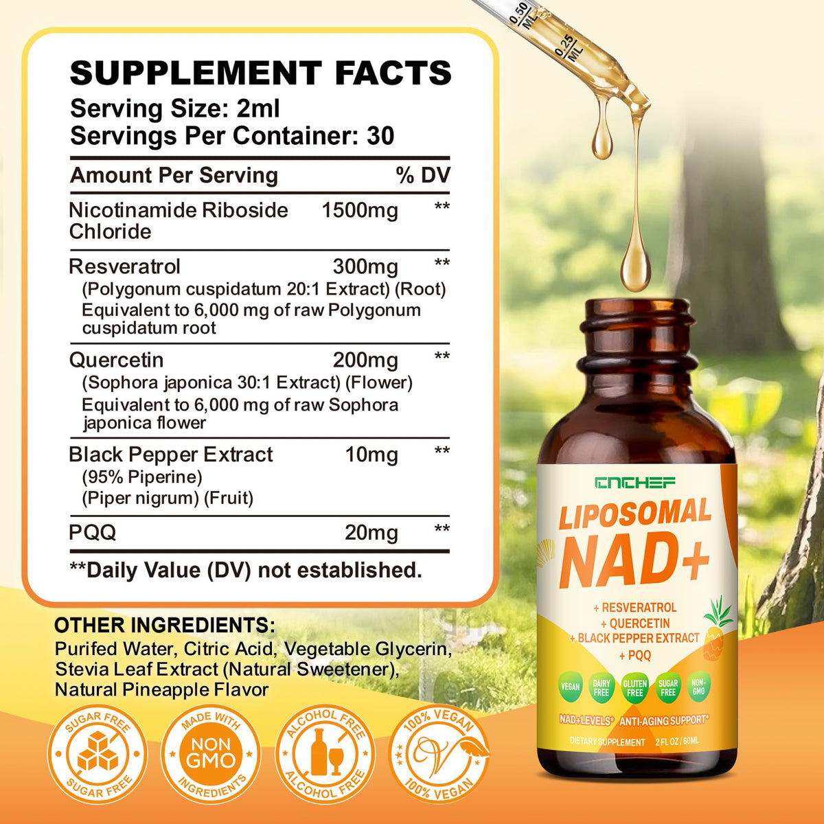 قطرات ليبوسومال NAD+ بقوة 1500 ملجم – نيكوتيناميد ريبوسايد كلوريد وريسفيراترول