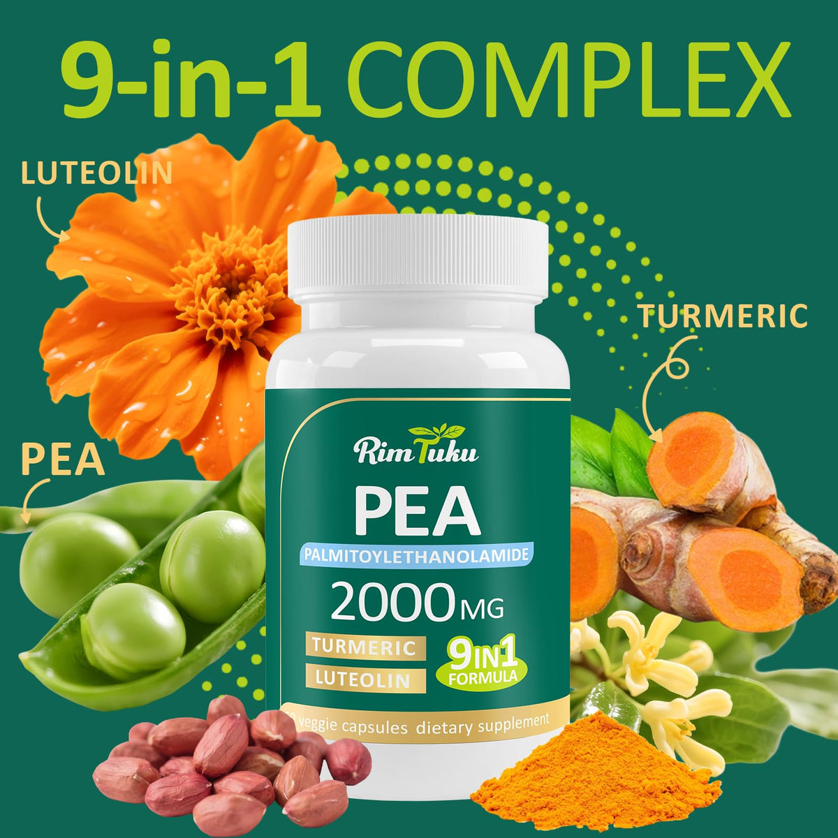 2000 ملغ PEA الدهني + 200 ملغ لوتولين + 200 ملغ كركم و 100 ملغ فيسيتين - 60 كبسولة