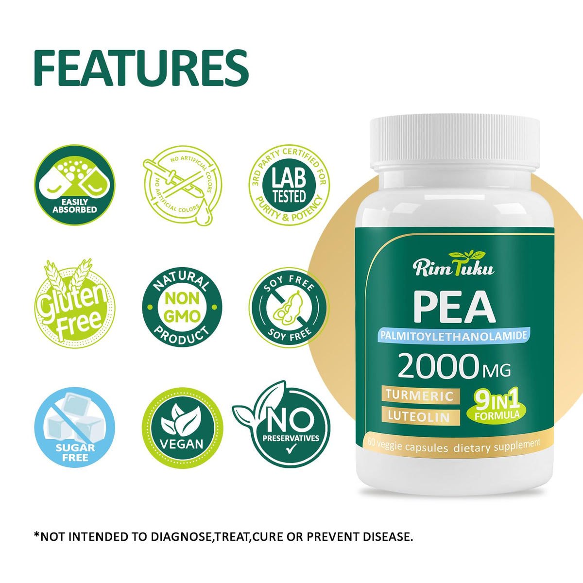 2000 ملغ PEA الدهني + 200 ملغ لوتولين + 200 ملغ كركم و 100 ملغ فيسيتين - 60 كبسولة