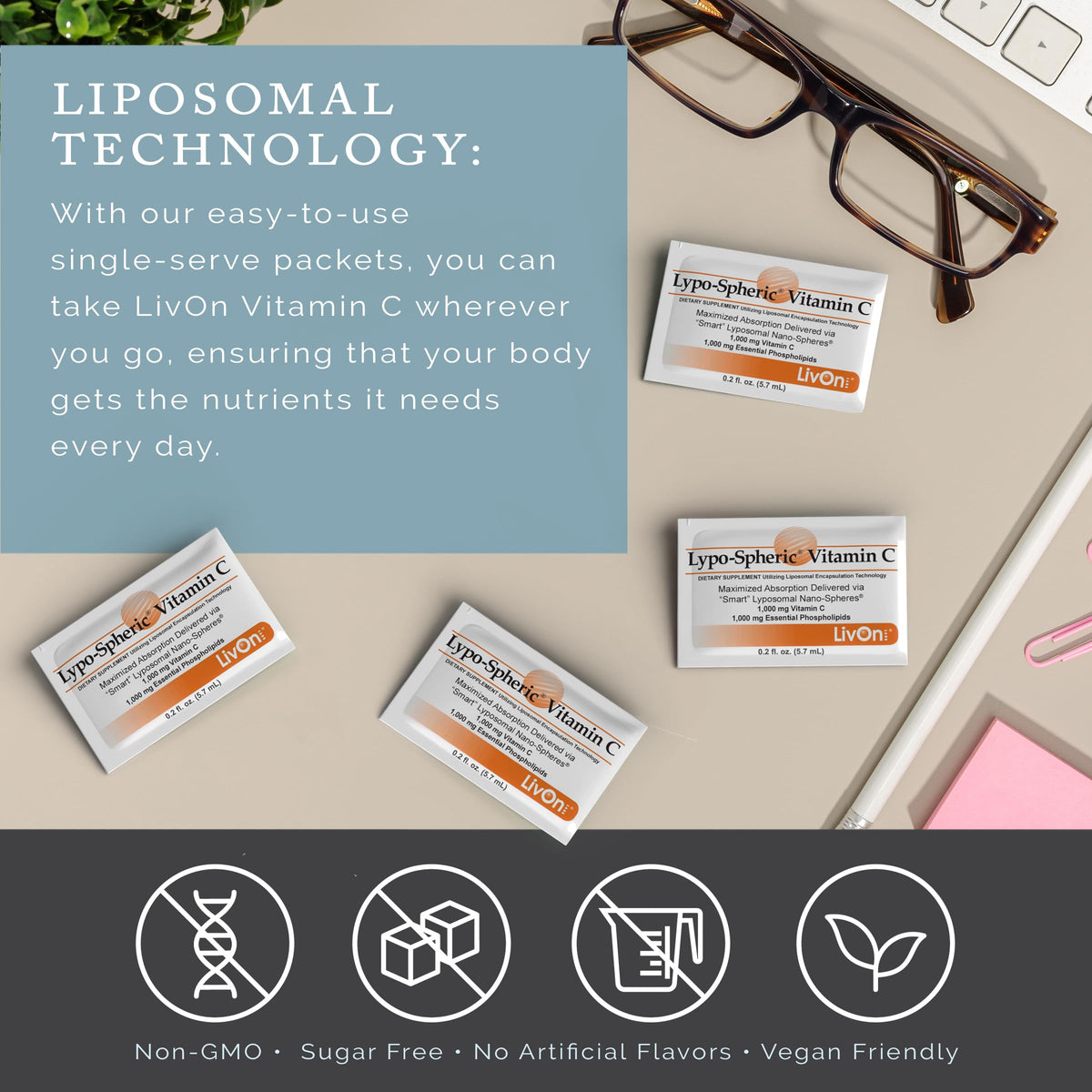 LivOn Laboratories Lypo-Spheric Vitamin C – 1,000 mg Vitamin C & 1,000 mg Phospholipids per Packet | Liposome-Encapsulated, Non-GMO | 12-Pack (360 Count)