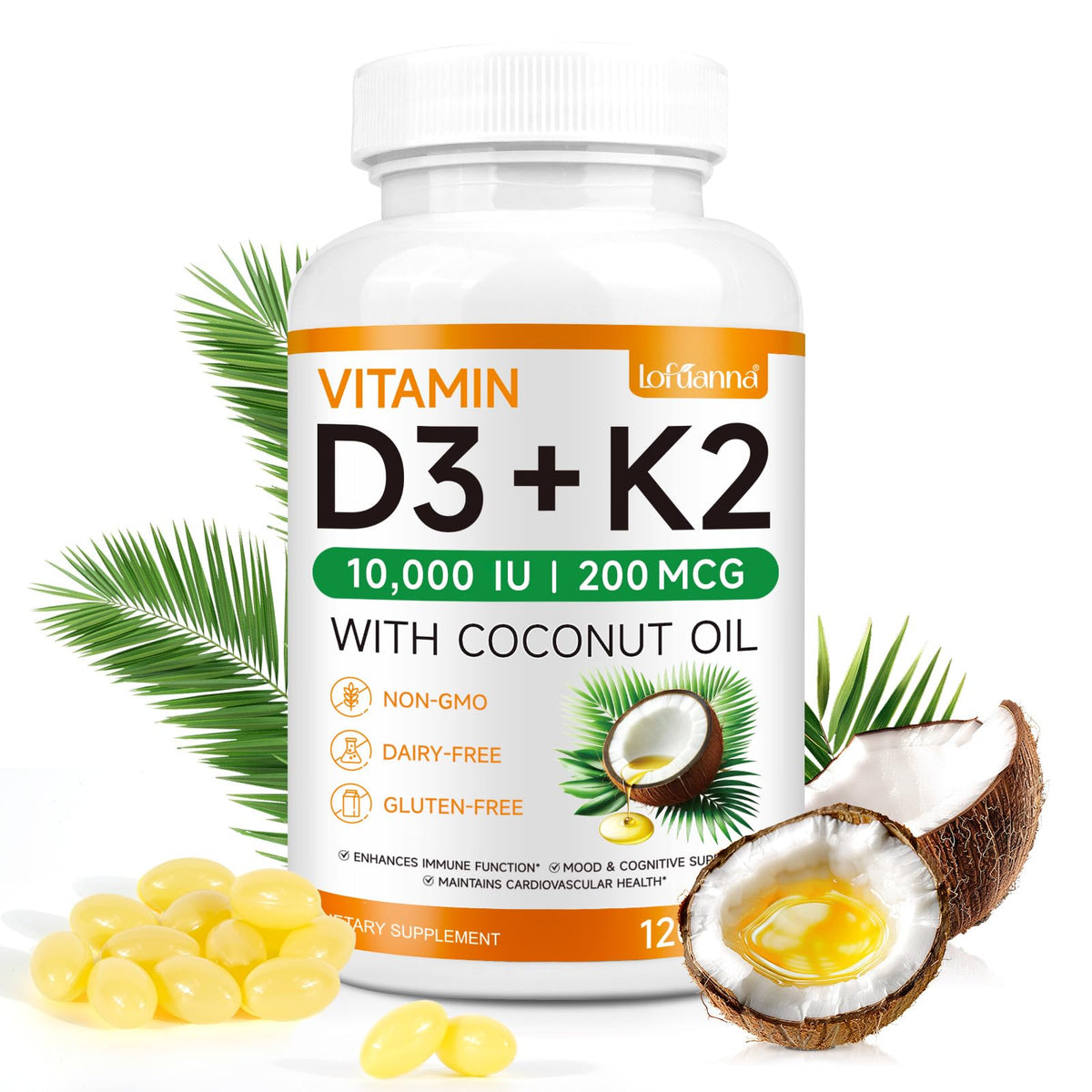 Lofuanna Vitamin D3 K2 Softgels β 2-in-1 D3 & K2 with Coconut Oil