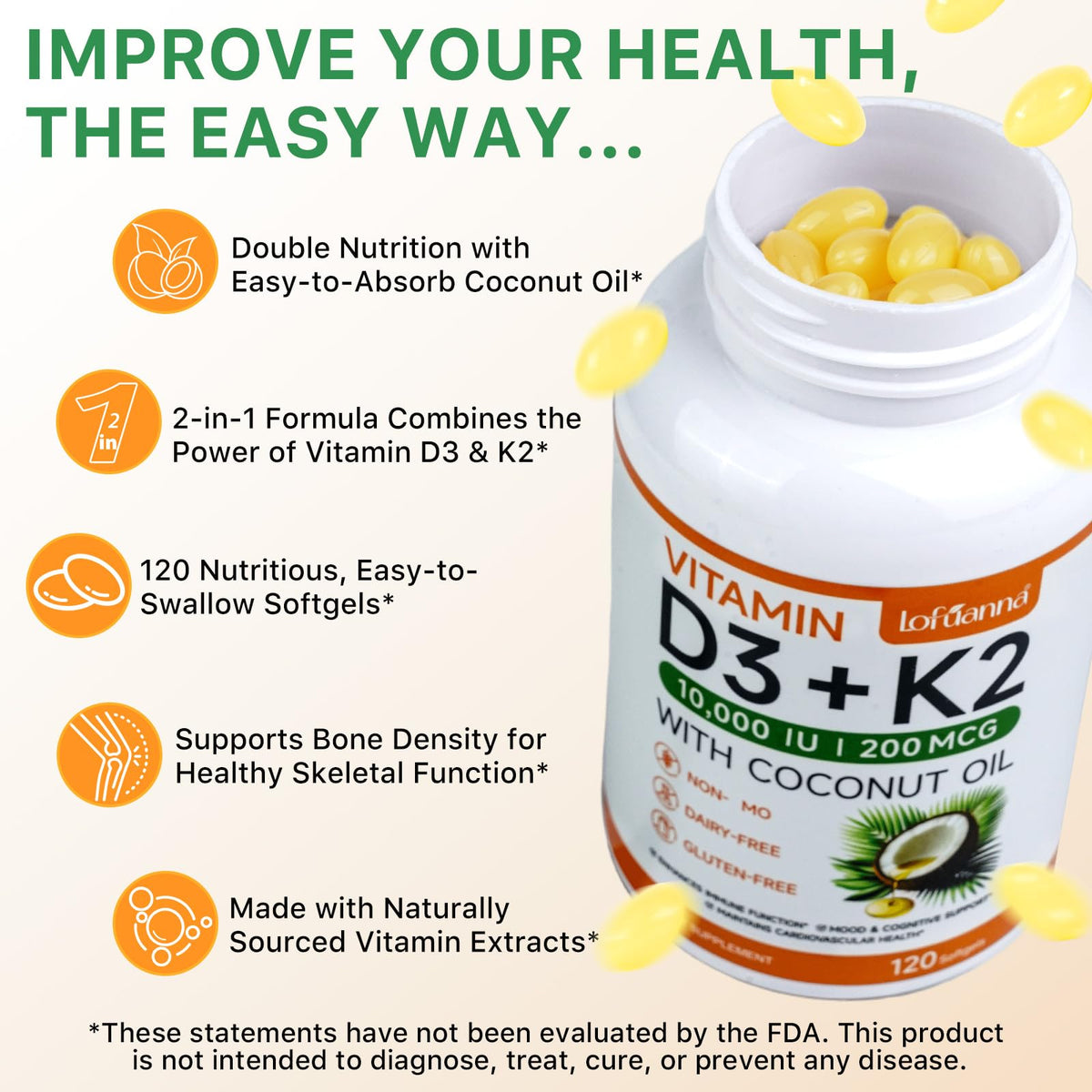 Lofuanna Vitamin D3 K2 Softgels β 2-in-1 D3 & K2 with Coconut Oil
