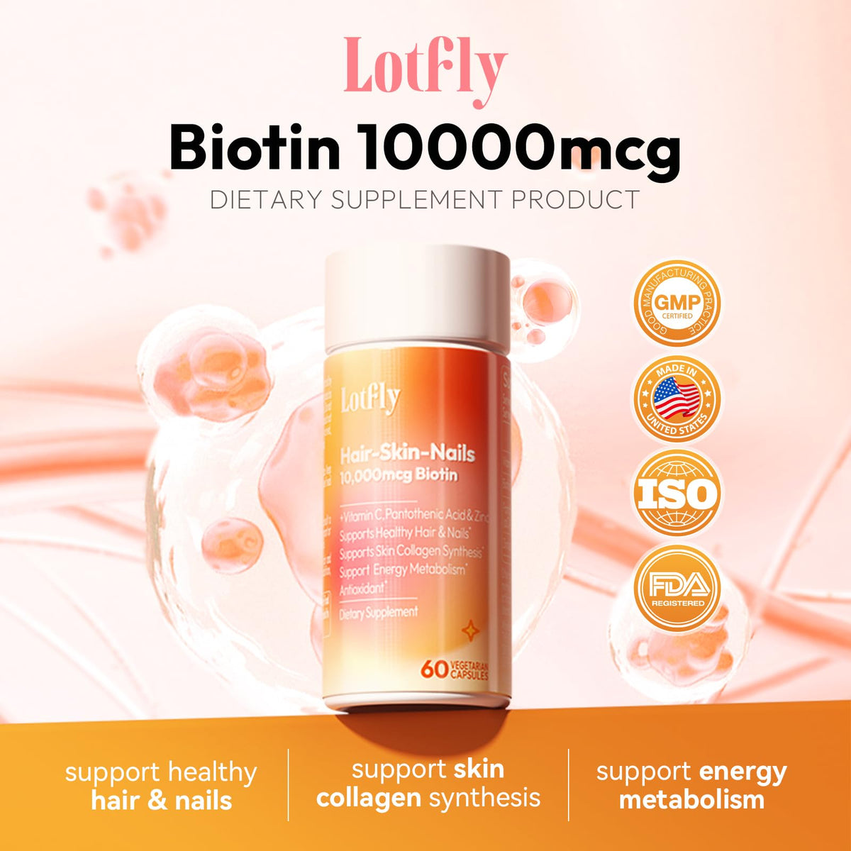 LOTFLY بيوتين 10000 مكجم مع الزنك وفيتامين ج وبانتوثينات الكالسيوم – يدعم نمو الشعر الصحي والأظافر القوية والبشرة المتوهجة للنساء والرجال | صنع في الولايات المتحدة الأمريكية | 60 كبسولة نباتية (تكفي شهرين)