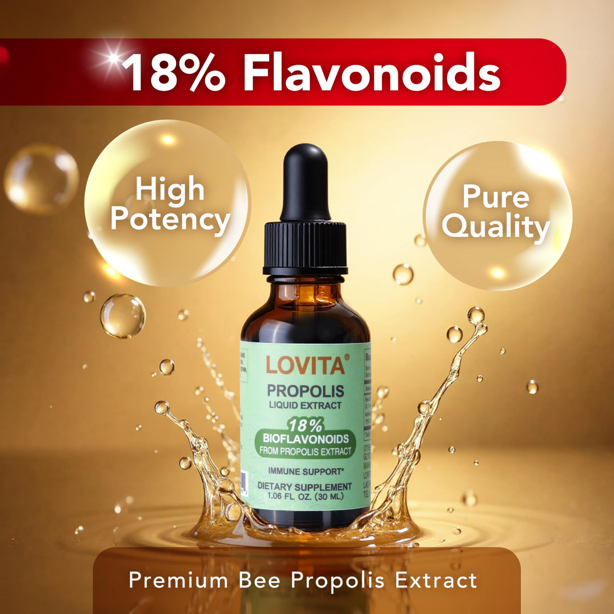 مستخلص سائل من العكبر النحل LOVITA بتركيز 500 ملجم - قطرات الراتنج 5:1، 18% بيوفلافونويدس
