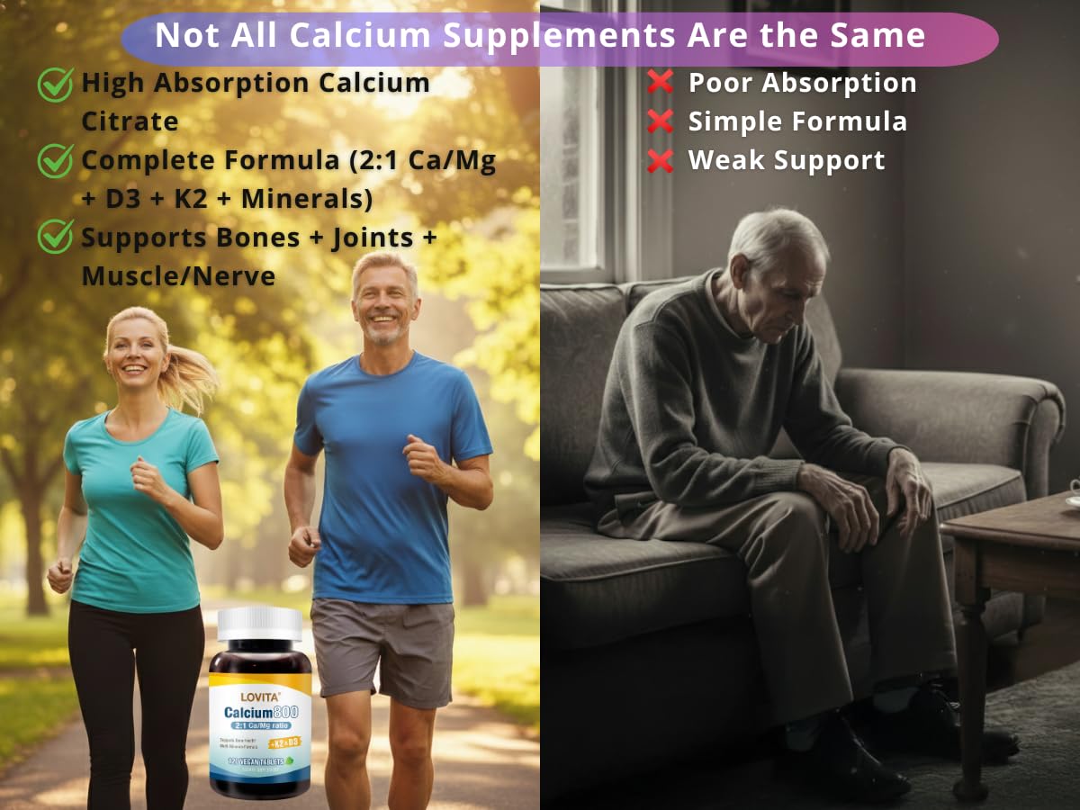 LOVITA Calcium Citrate 800 mg with Magnesium, D3 & K2 | Bone Health & Density β 120 Vegan Tablets