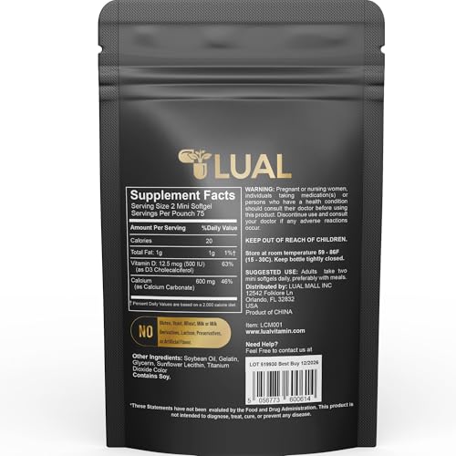 LUAL كالسيوم مينيز 600 ملجم مع فيتامين د3 - يدعم صحة العظام والعضلات - 150 كبسولة هلامية صغيرة - سهلة البلع - الكالسيوم وفيتامين د3 لعظام قوية وحركة سلسة