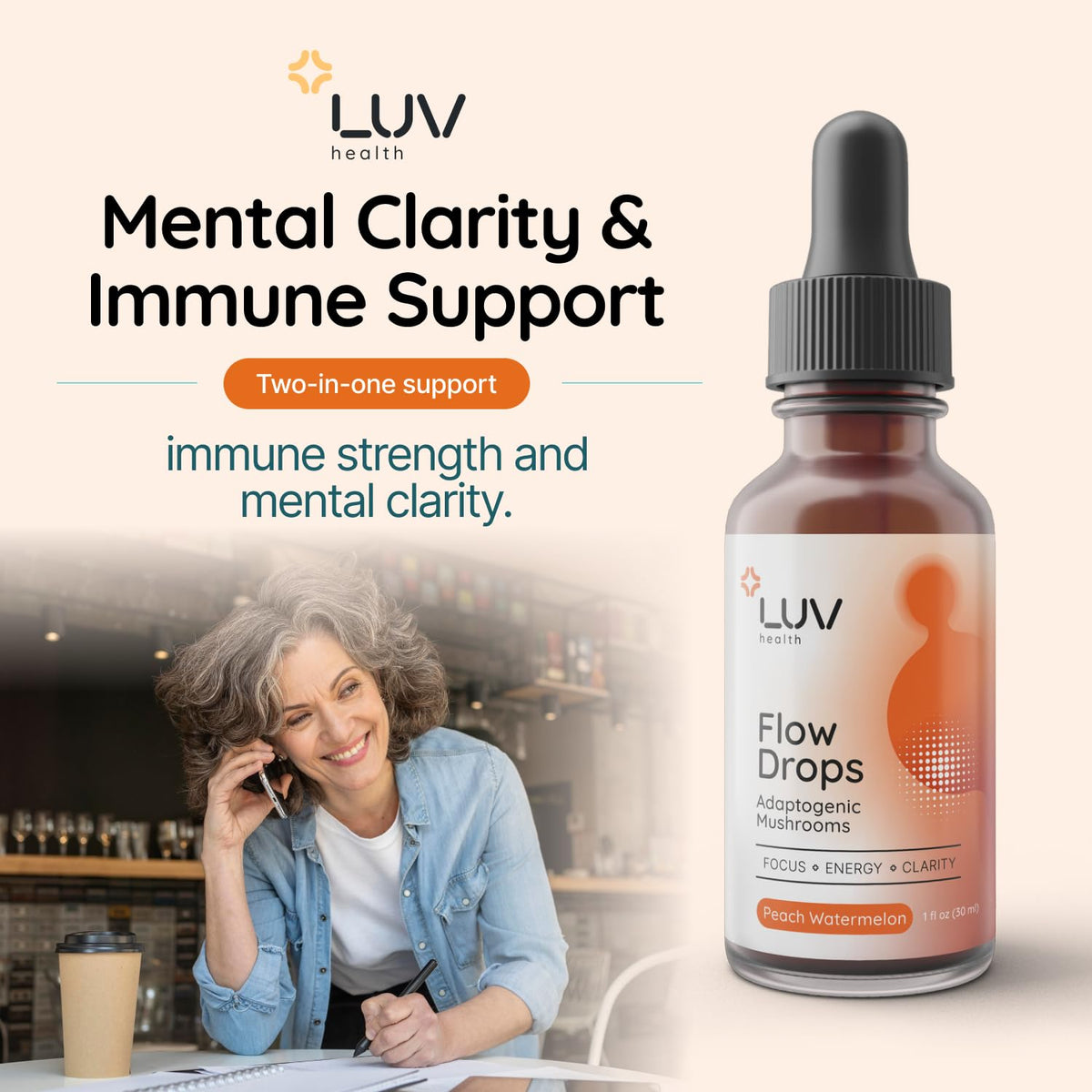 LUV health Flow Drops® - الطاقة والتركيز مع الفطر المتكيف | نباتي، صنع في الولايات المتحدة الأمريكية | 90 حصة