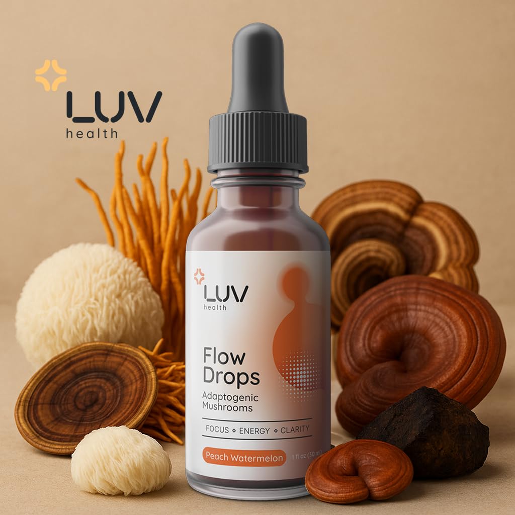 LUV health Flow Drops® - الطاقة والتركيز مع الفطر المتكيف | نباتي، صنع في الولايات المتحدة الأمريكية | 90 حصة