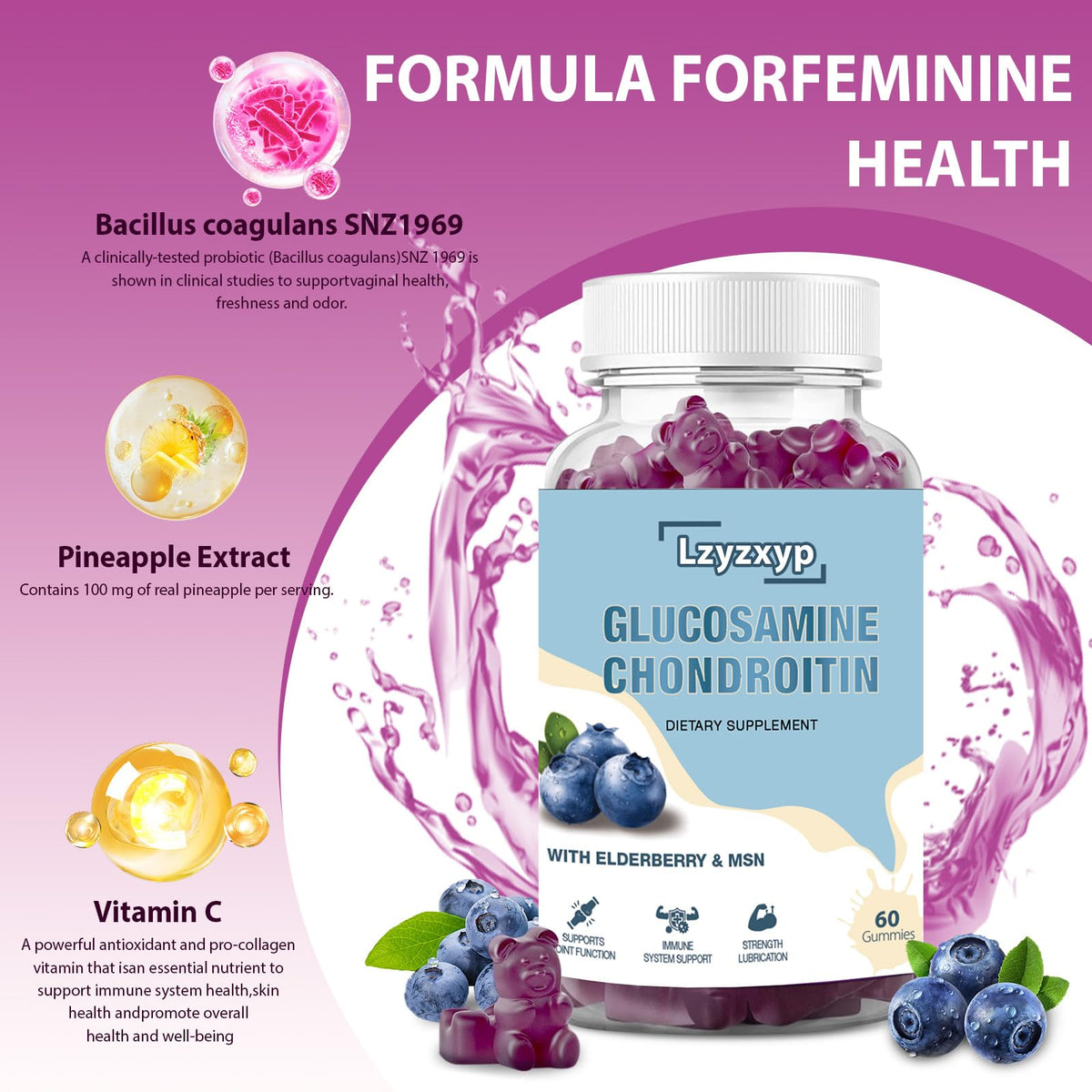 Lzyzxyp Glucosamine Chondroitin Gummies with MSM & Elderberry β Extra Strength, Immune & Joint Health, 60ct