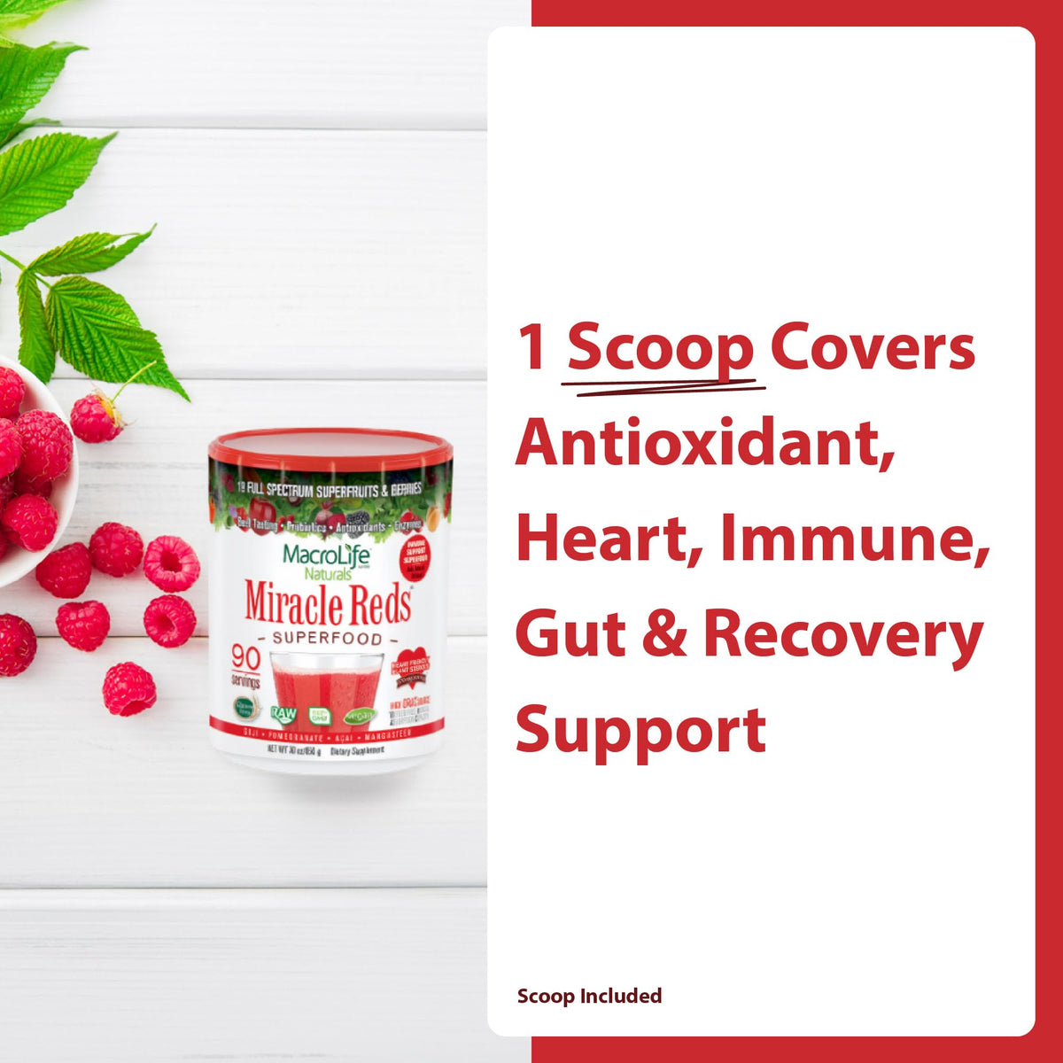 MacroLife Naturals Miracle Reds Superfood Powder β 19 Fruits, Probiotics & Antioxidants (30 oz)