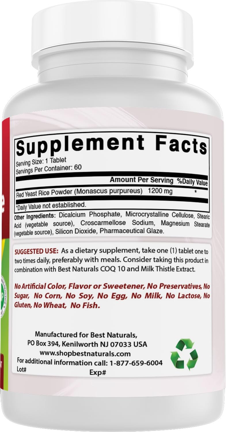 Best Naturals Red Yeast Rice 1200 mg β 60 Tablets (Citrinin Free) | Non-GMO & Gluten-Free