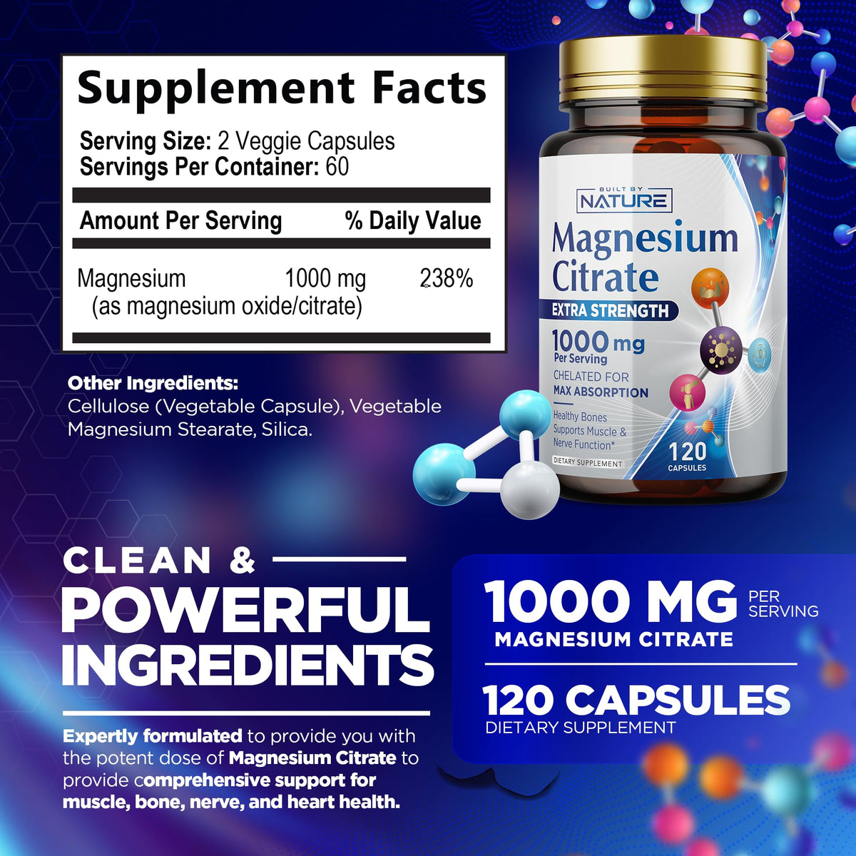 سترات المغنيسيوم 1000 ملجم - مركب مغنيسيوم عالي الامتصاص لصحة القلب والعضلات والأعصاب والعظام | نباتي، غير معدل وراثيًا، خالٍ من الغلوتين - 120 كبسولة