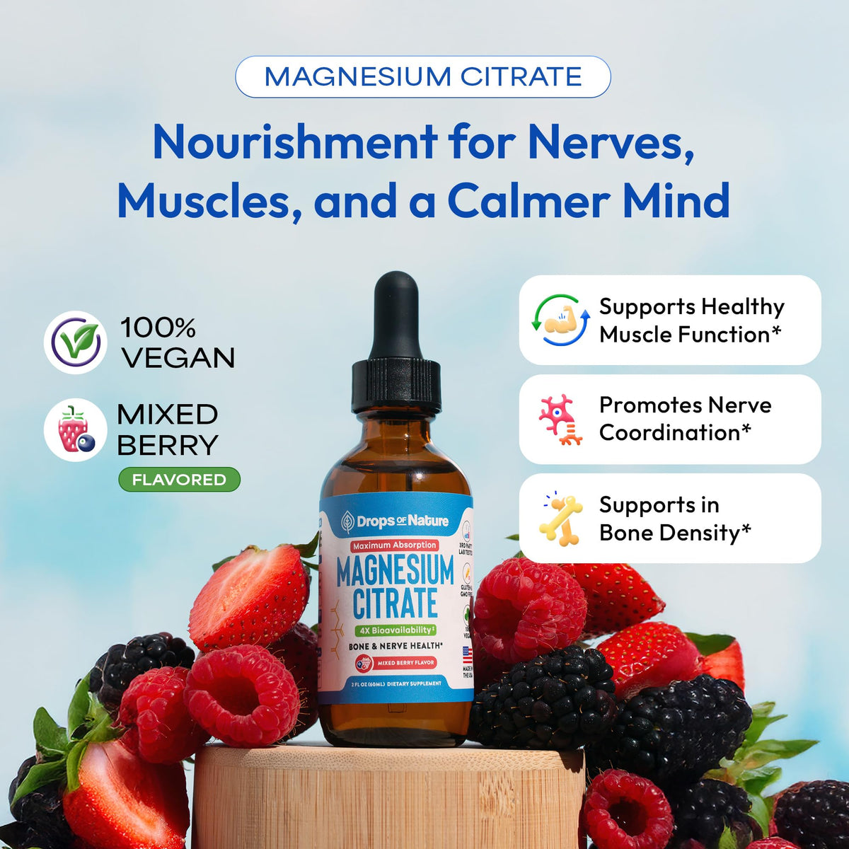 Magnesium Citrate Liquid – 150 ملغ مغنيسيوم عالي الامتصاص، نباتي (توت مشكل، 60 مل)