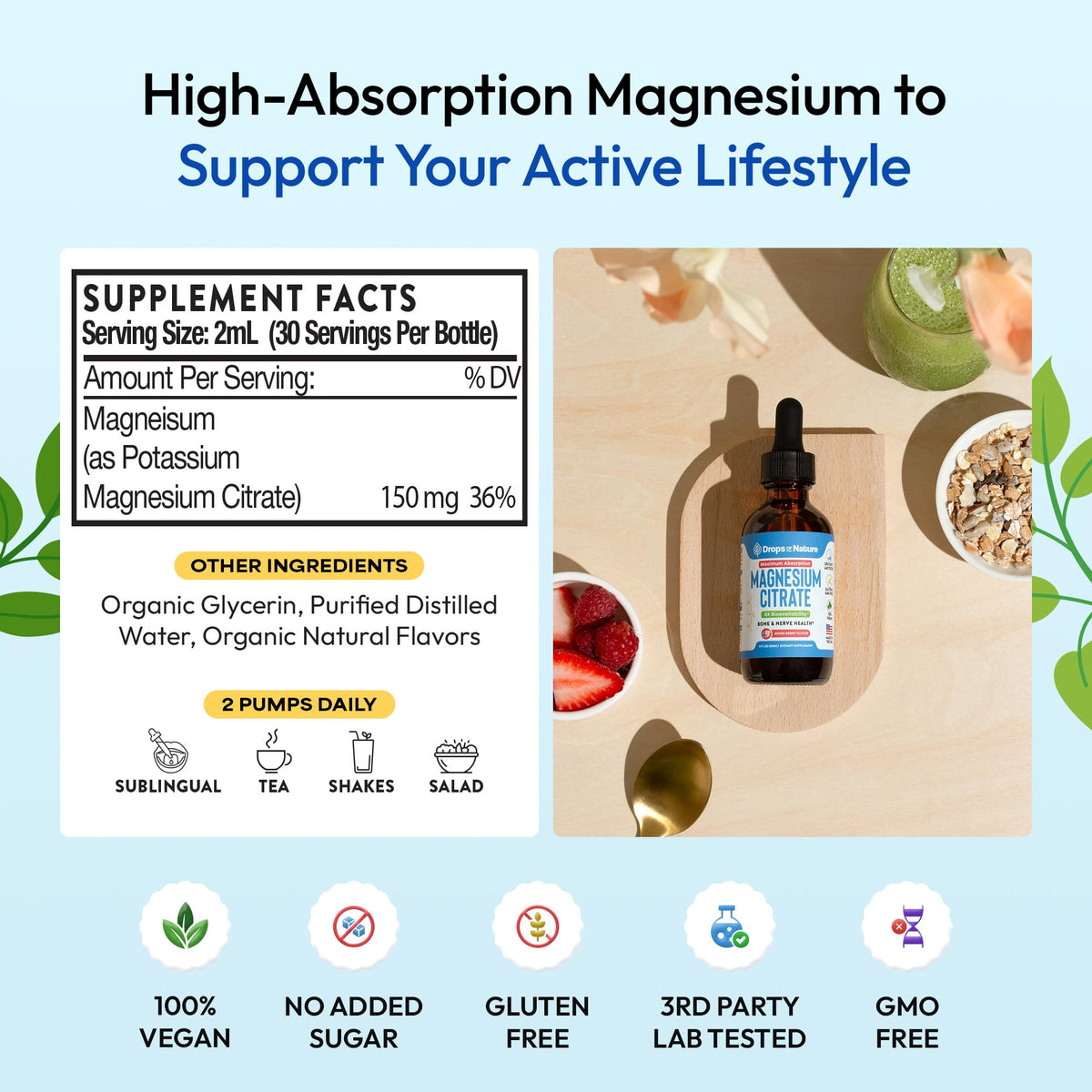 Magnesium Citrate Liquid – 150 ملغ مغنيسيوم عالي الامتصاص، نباتي (توت مشكل، 60 مل)