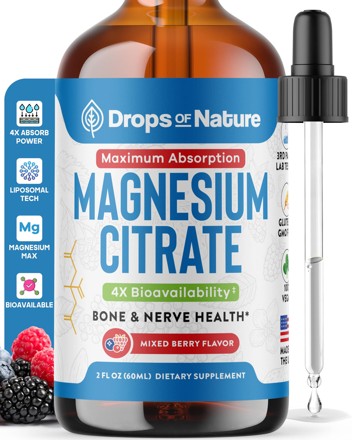 Magnesium Citrate Liquid – 150 ملغ مغنيسيوم عالي الامتصاص، نباتي (توت مشكل، 60 مل)